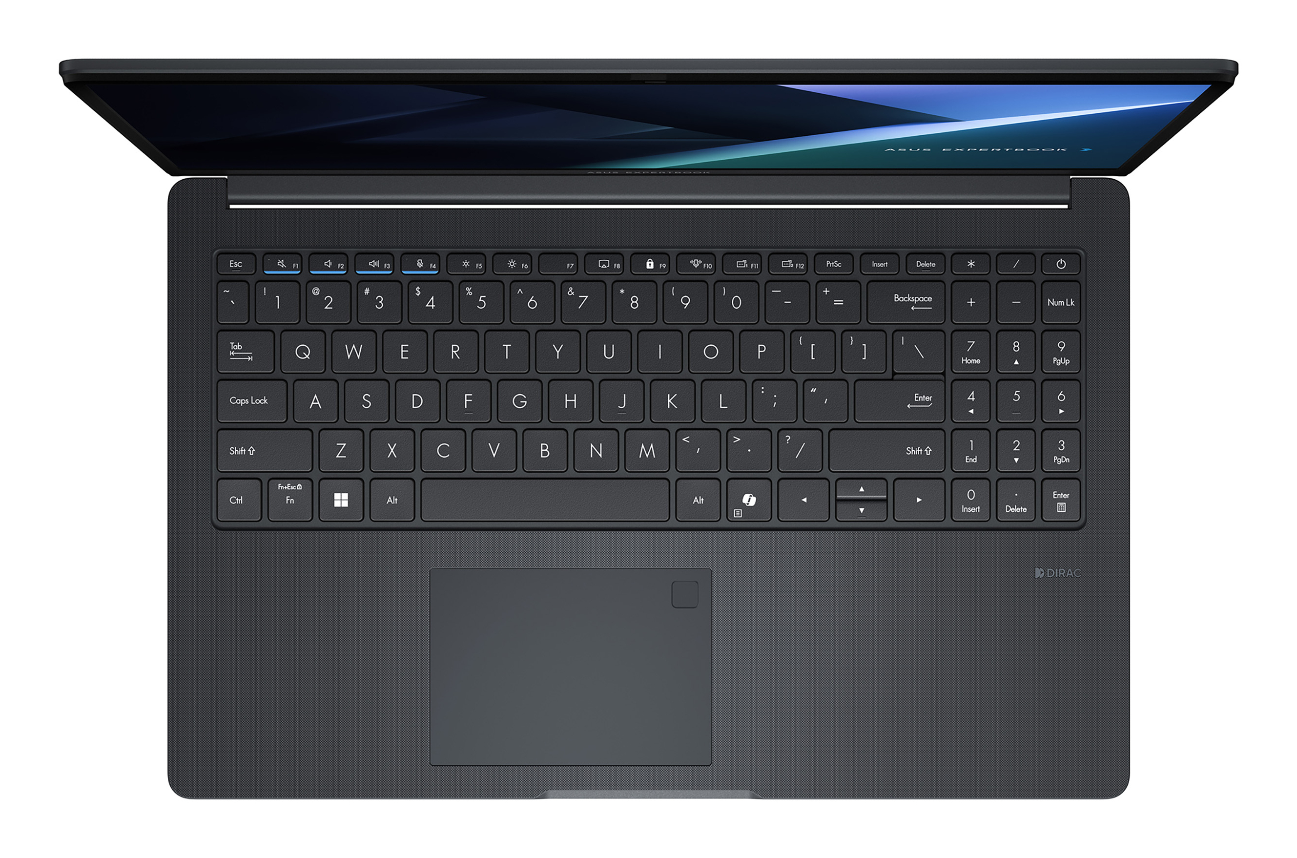 Vista dall'alto di un laptop aperto. Tastiera con touchpad visibile. Schermo mostra un'immagine scura. Nero e grigio.