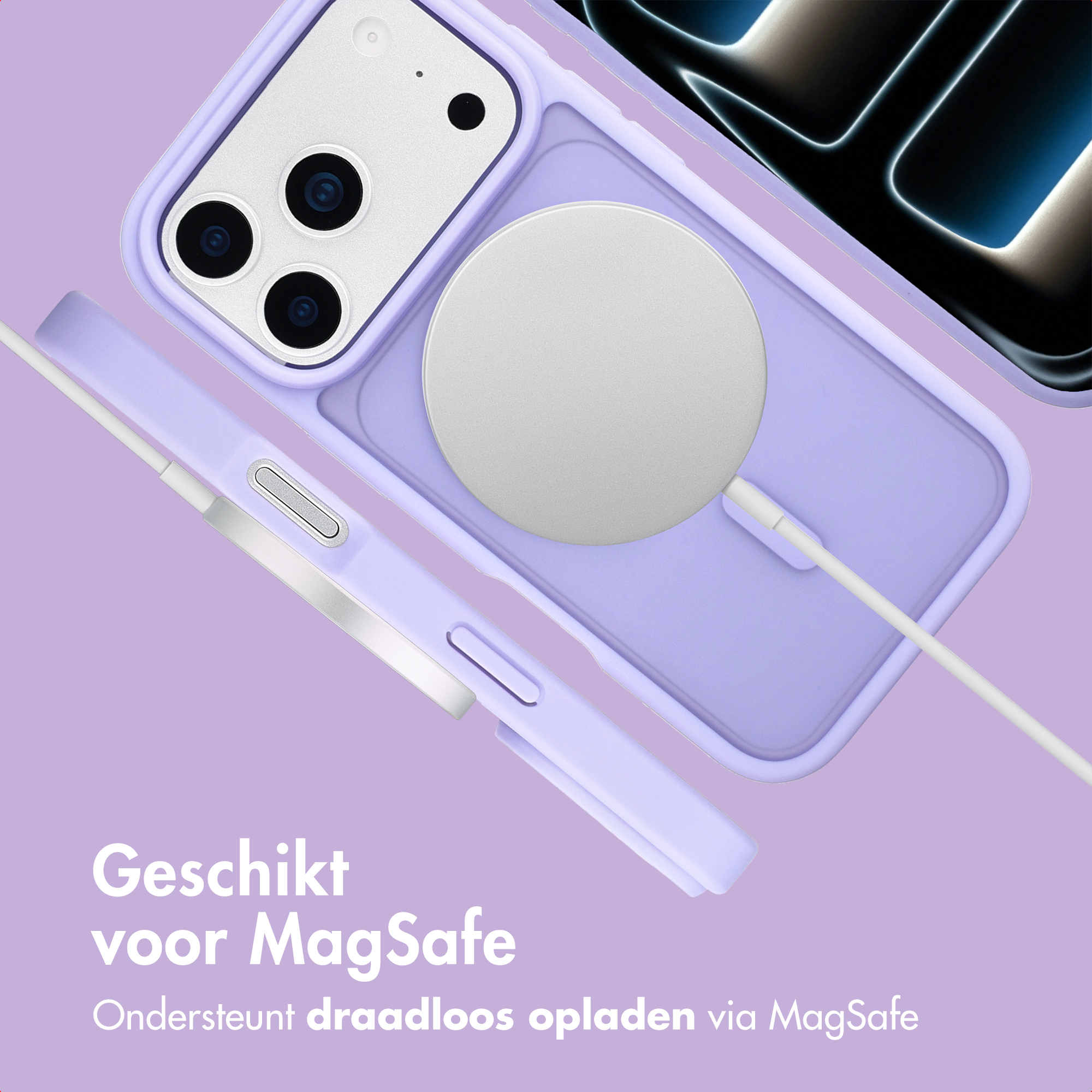 Een iPhone in een lavendelkleurige hoes met een MagSafe-oplader. Tekst: Geschikt voor MagSafe, ondersteunt draadloos opladen.