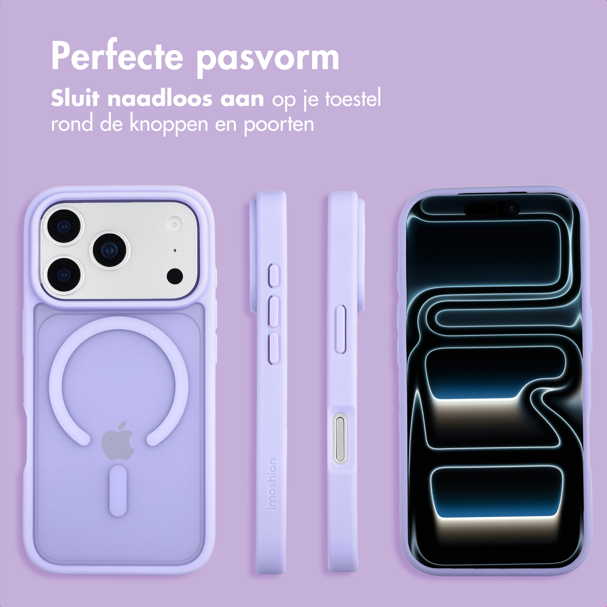 Een telefoonhoesje en een telefoon worden weergegeven. De hoes is paars. Het scherm van de telefoon toont een neonontwerp.