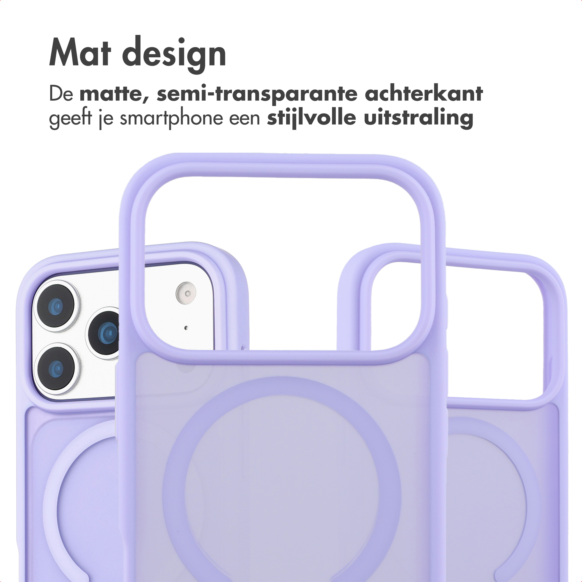 Close-up van drie paarse telefoonhoesjes, met het ontwerp. De tekst bovenaan luidt 'Mat design'.