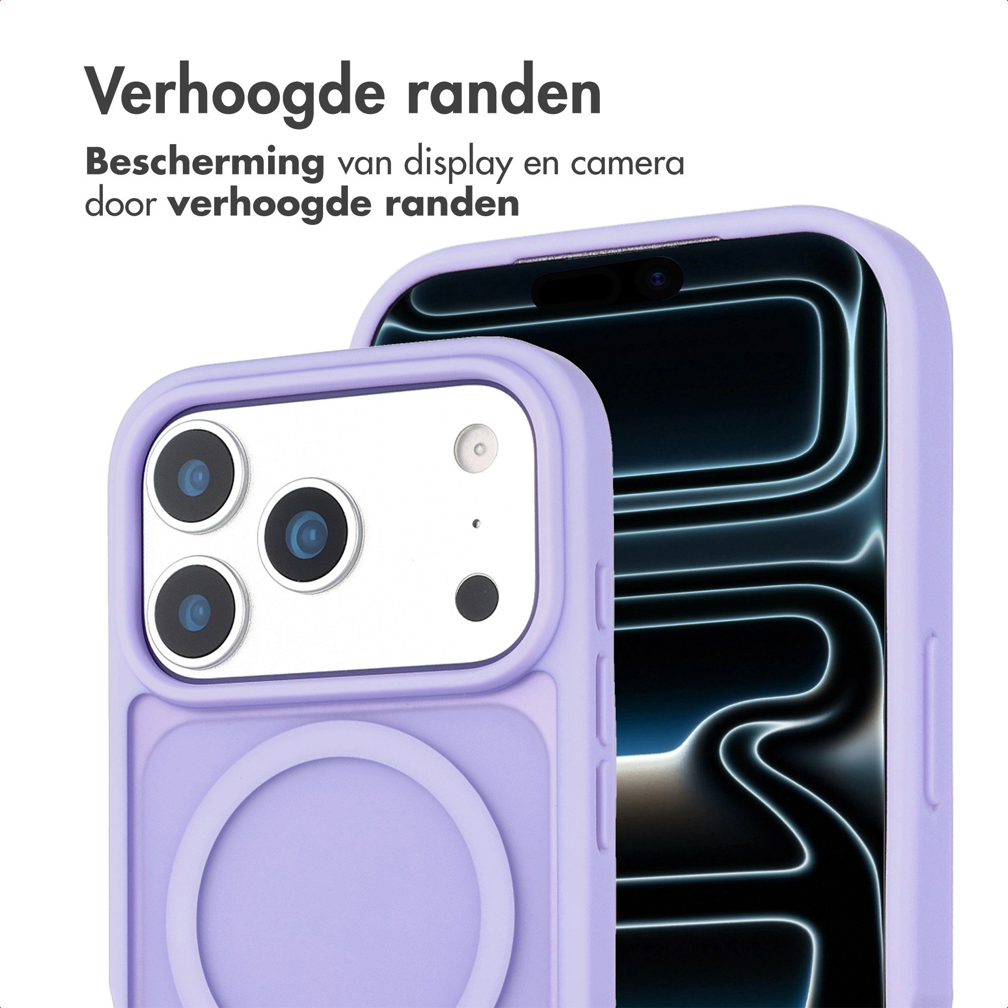 Een paarse telefoonhoes beschermt een telefoon. De hoes heeft verhoogde randen en een magnetische cirkel.