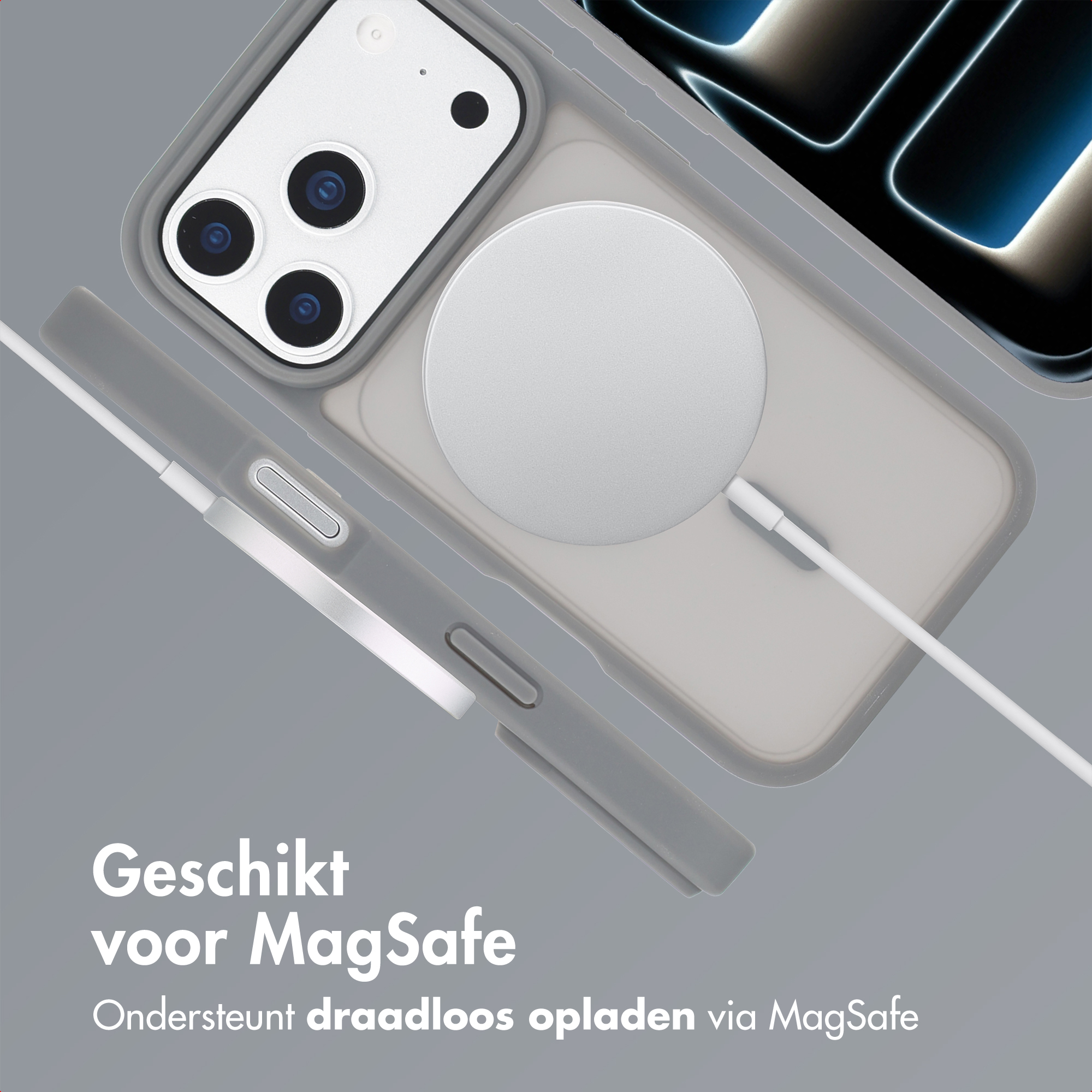 Telefoon met MagSafe-oplader. Grijze telefoonhoes. Witte kabel aangesloten. Tekst: geschikt voor MagSafe, ondersteunt draadloos opladen.