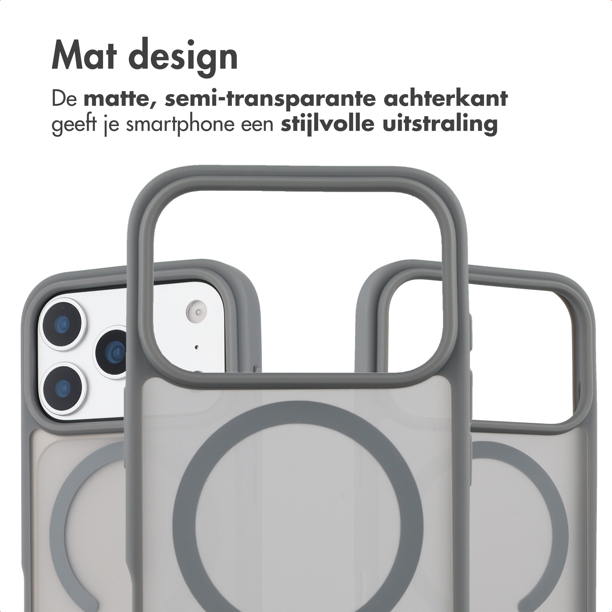 Afbeelding toont drie telefoonhoesjes. Ze zijn grijs met een transparante achterkant en een cirkelontwerp. De tekst zegt 'Mat design'.