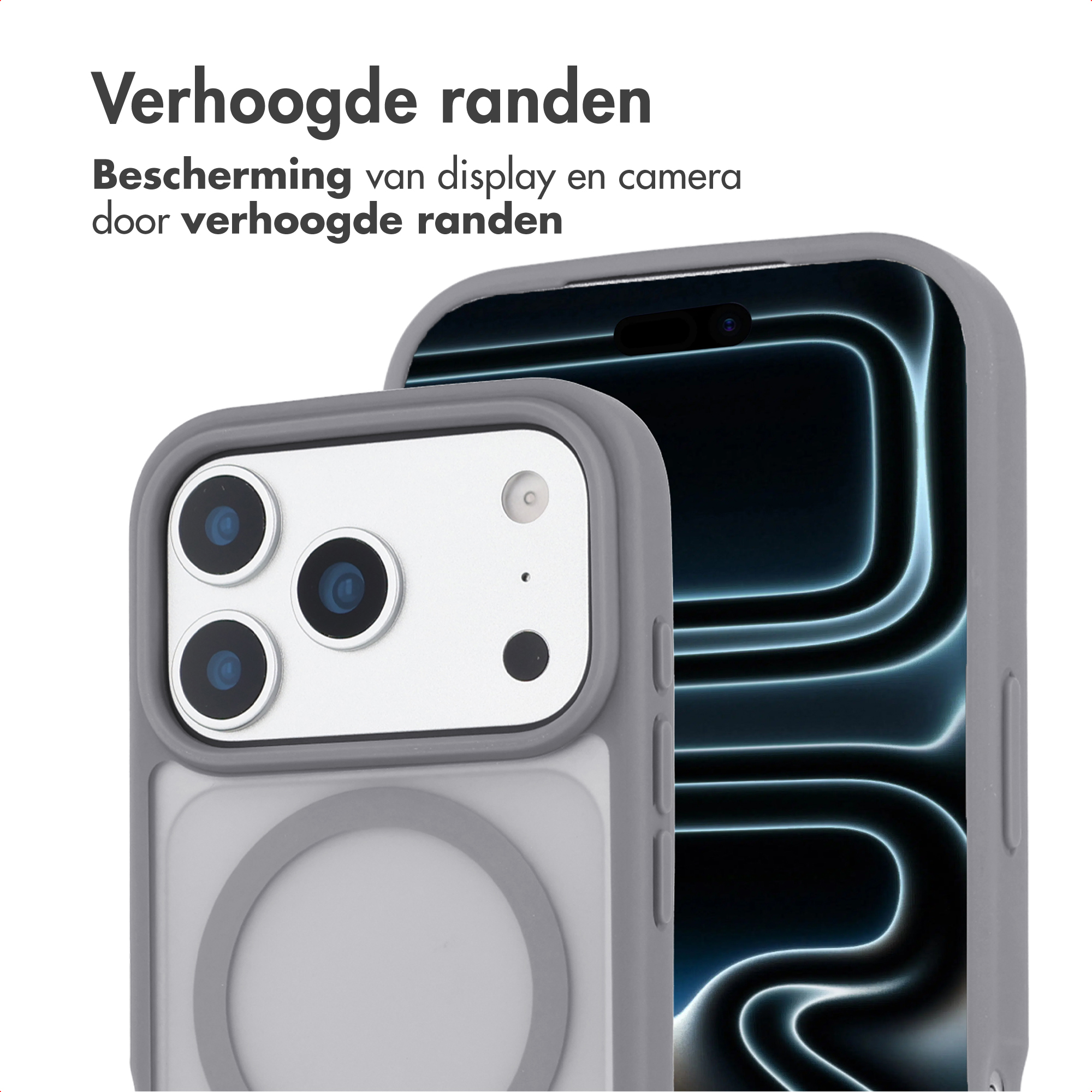 Twee grijze telefoonhoesjes, één met de achterkant met camera's, de andere met het scherm. Tekst: Verbeterde randbescherming.