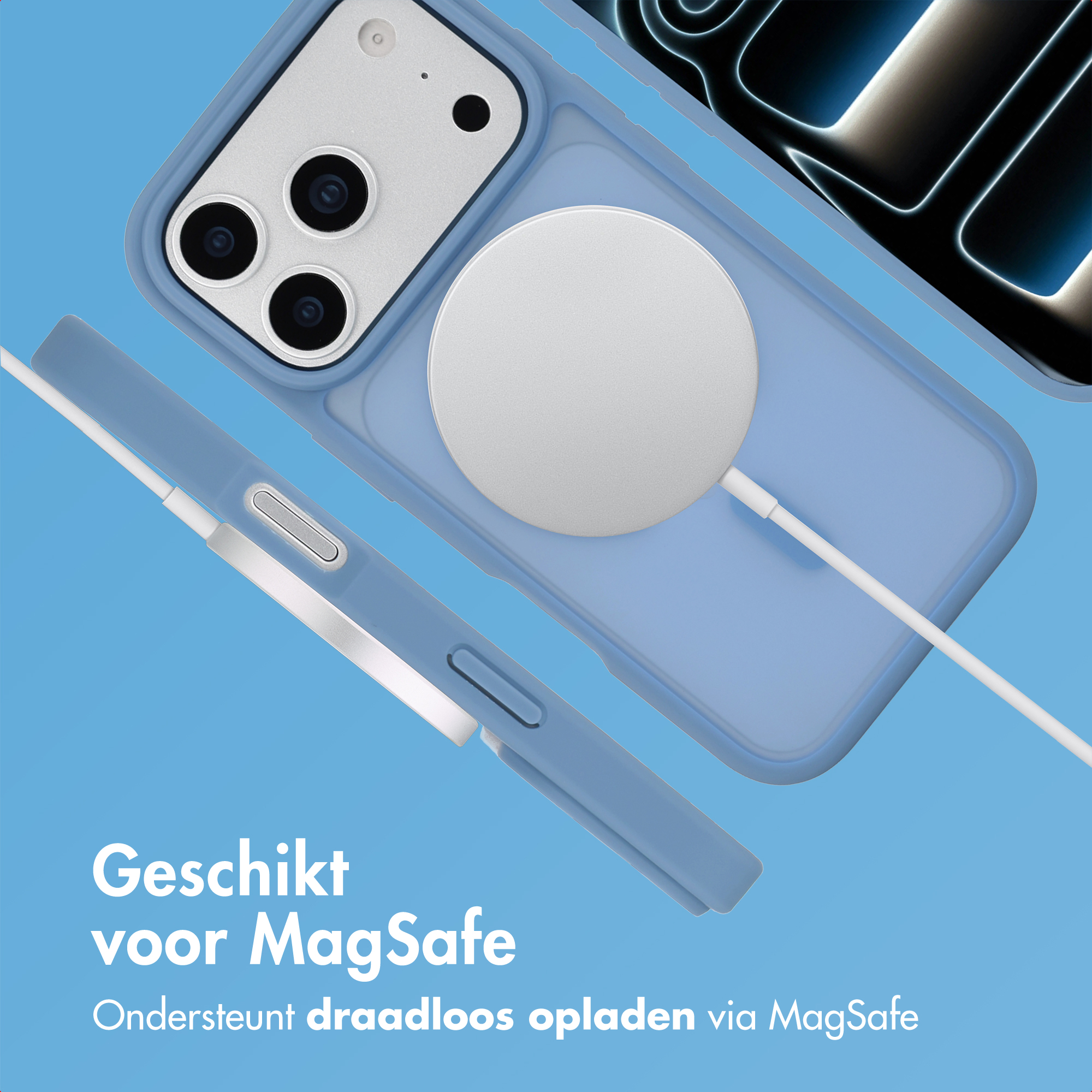 Een telefoon in een blauwe hoes met een witte MagSafe-oplader. Tekst luidt 'Geschikt voor MagSafe' op blauwe achtergrond.