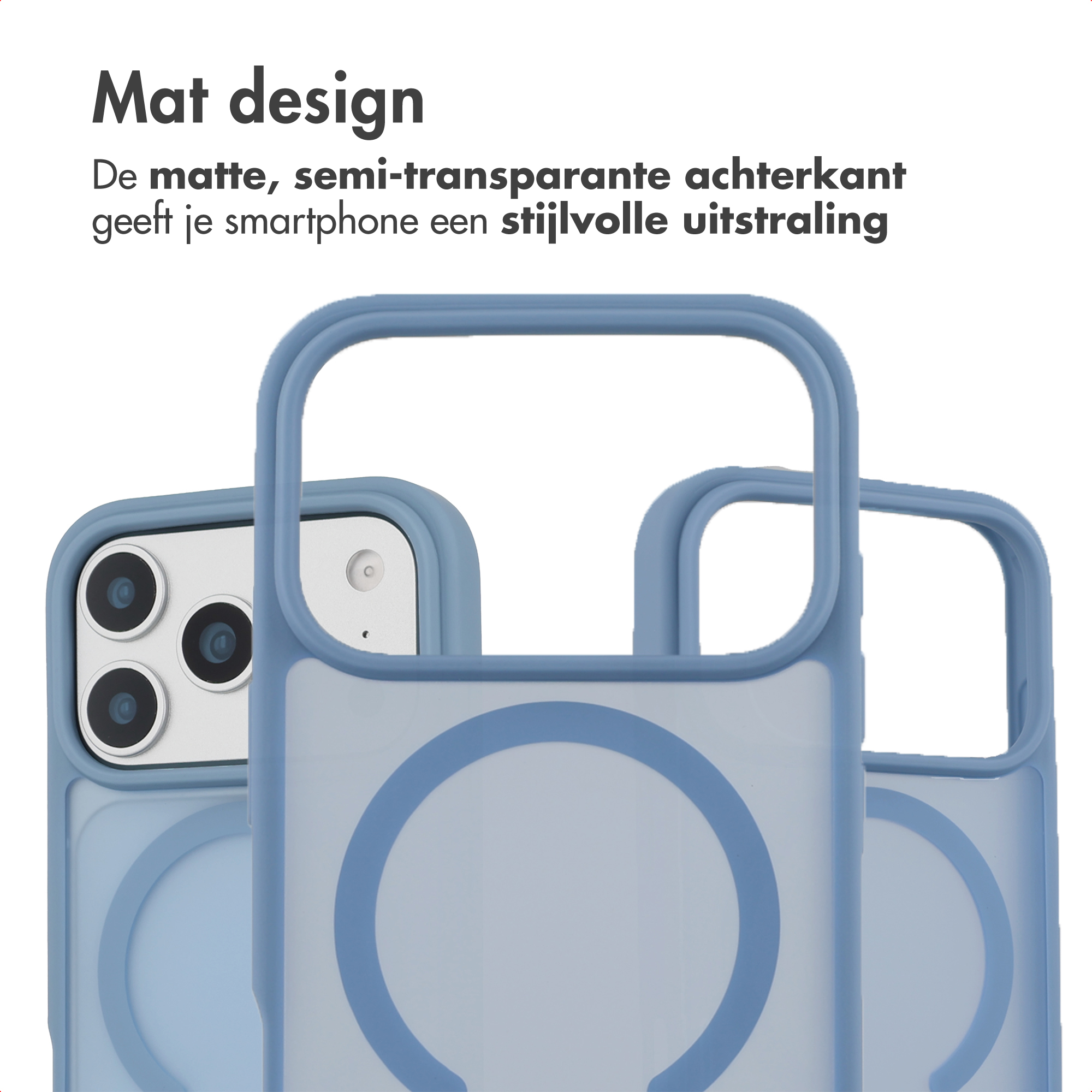 Een close-up van drie blauwe telefoonhoesjes, die de camera van de telefoon laten zien. De hoesjes hebben een mat ontwerp.