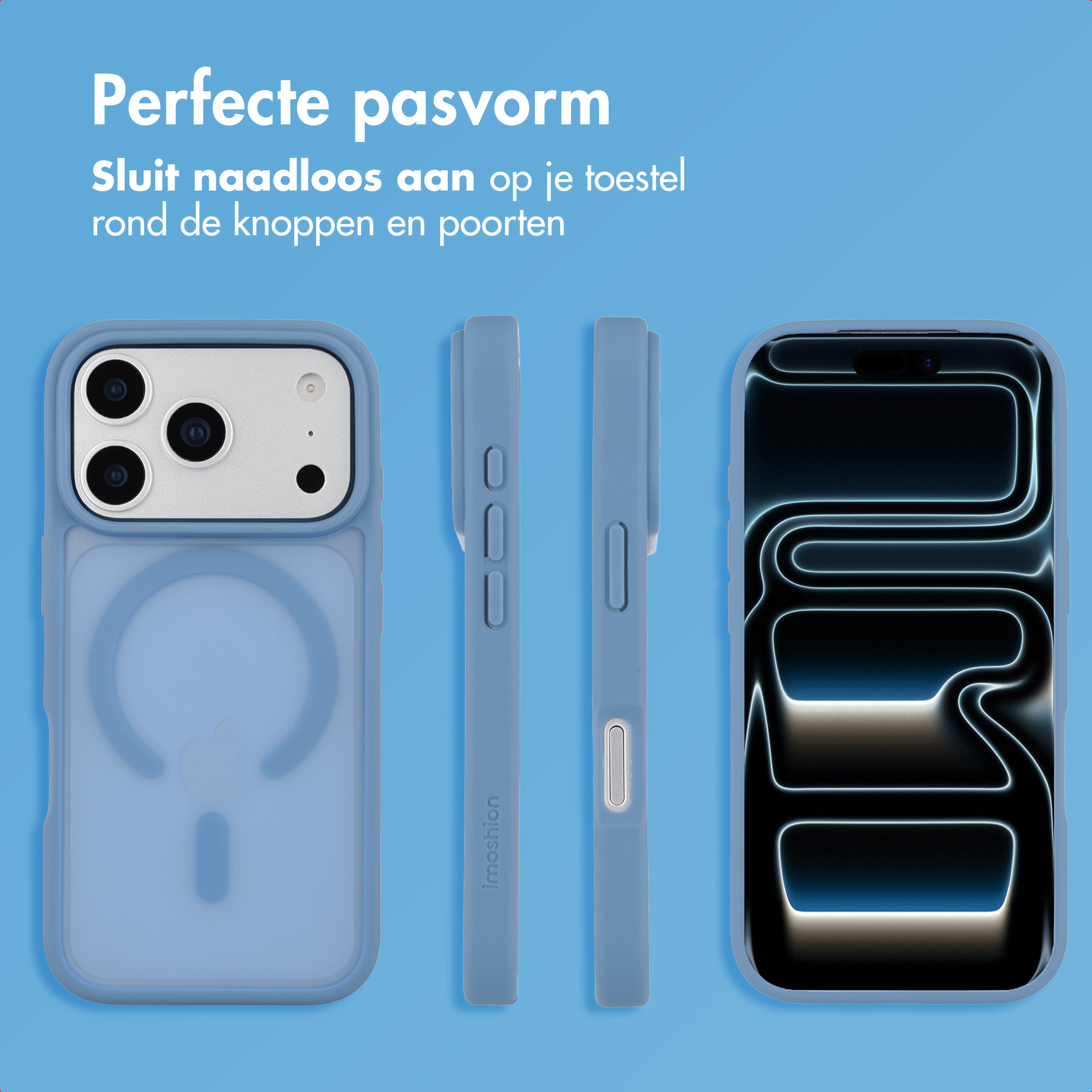 Een telefoonhoesje wordt getoond, met een blauwe achtergrond. De hoes zit op de telefoon en daarnaast verschillende delen van de hoes.