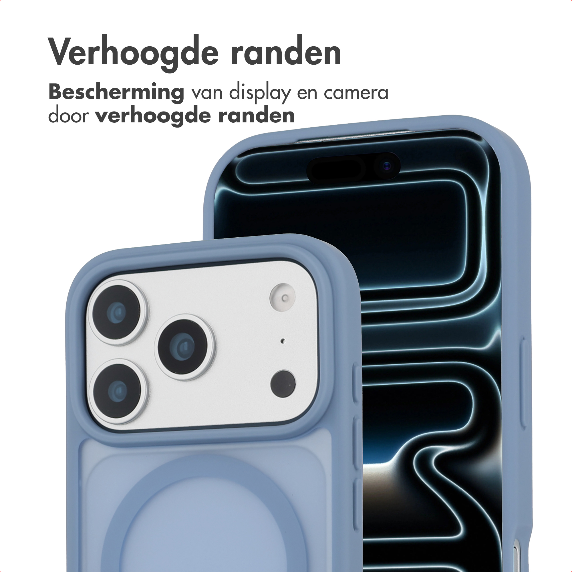 Twee smartphones in blauwe beschermhoezen. Eén toont camera's. De andere een scherm. De tekst legt verhoogde randen uit voor bescherming.