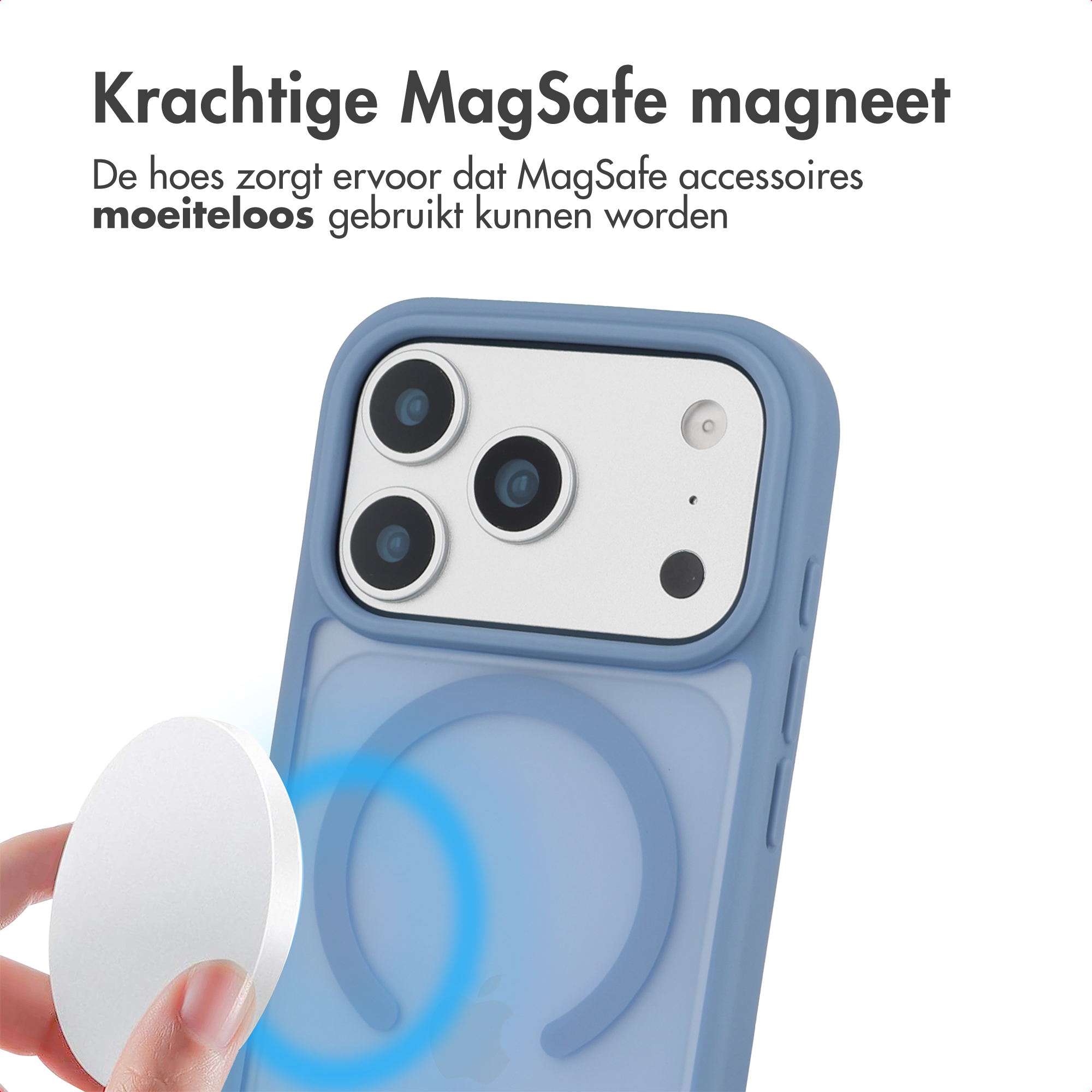 Een telefoonhoesje met een MagSafe-magneet wordt getoond. Een hand houdt een witte MagSafe-accessoire vast.