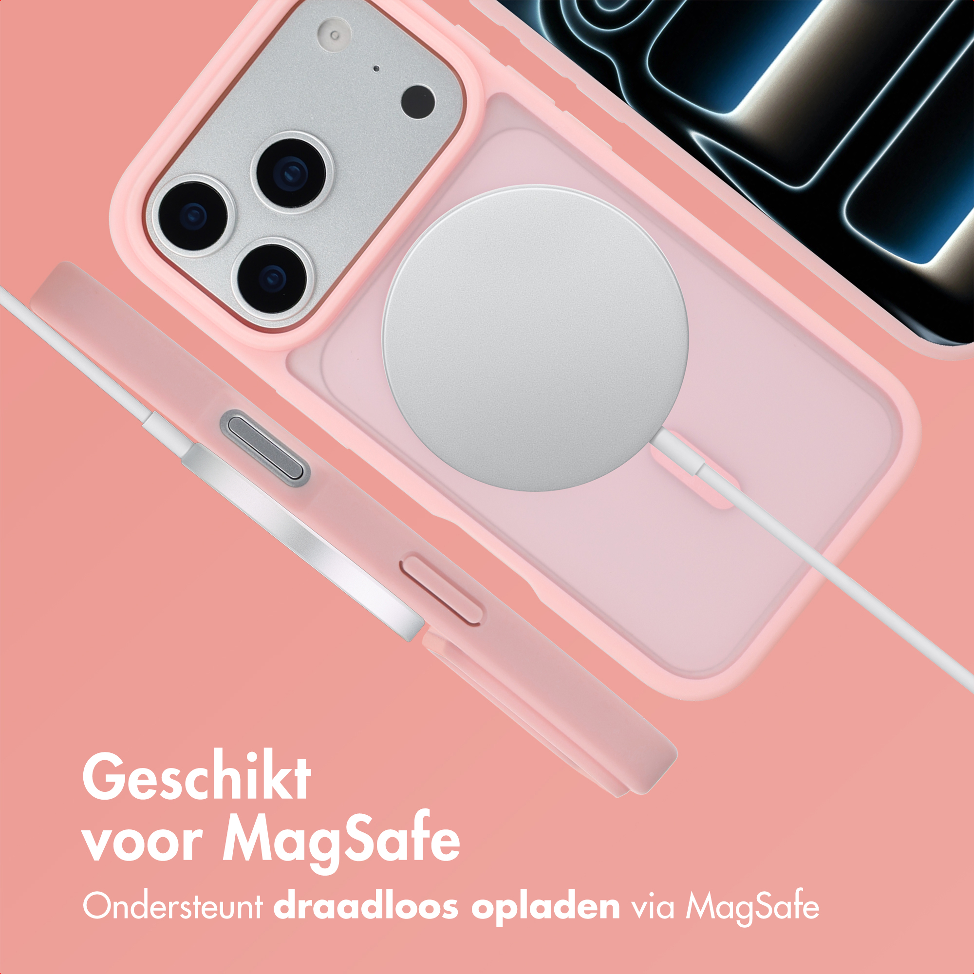 Roze telefoonhoesje met MagSafe-oplader. Telefoon is zilver met 3 camera's. Tekst luidt 'Geschikt voor MagSafe' in het Nederlands.
