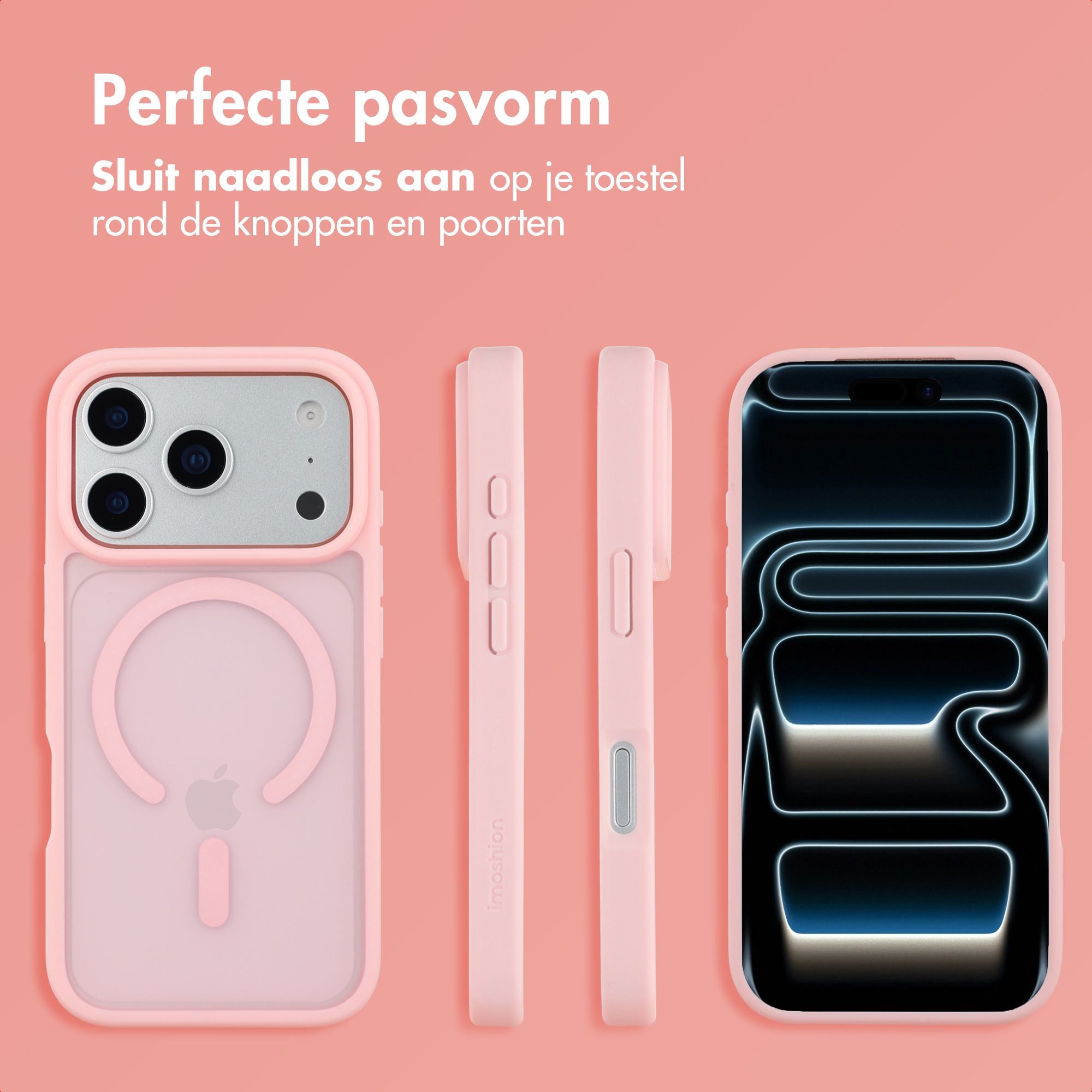 Roze telefoonhoesjes en een telefoon op een roze achtergrond. De hoesjes en de telefoon worden vanuit verschillende hoeken getoond.