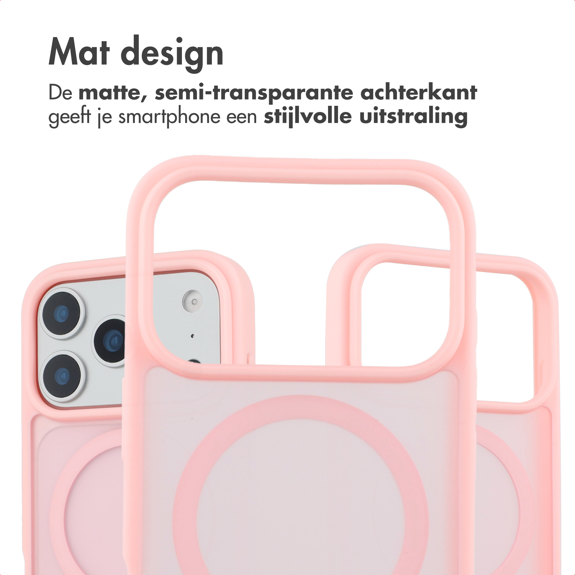 Roze telefoonhoesjes met een semi-transparante achterkant. Het ontwerp is zichtbaar op de achterkant. De achtergrond is wit.