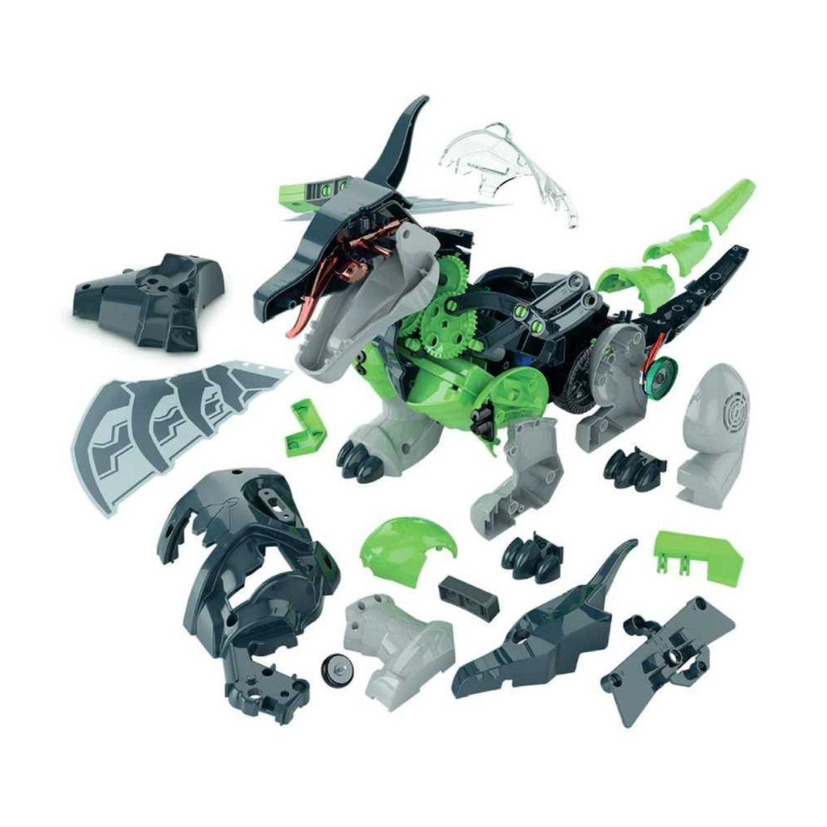Un juguete de dinosaurio verde, gris y negro desmontado. Las piezas están dispersas, mostrando engranajes, extremidades, cabeza y secciones de cola.