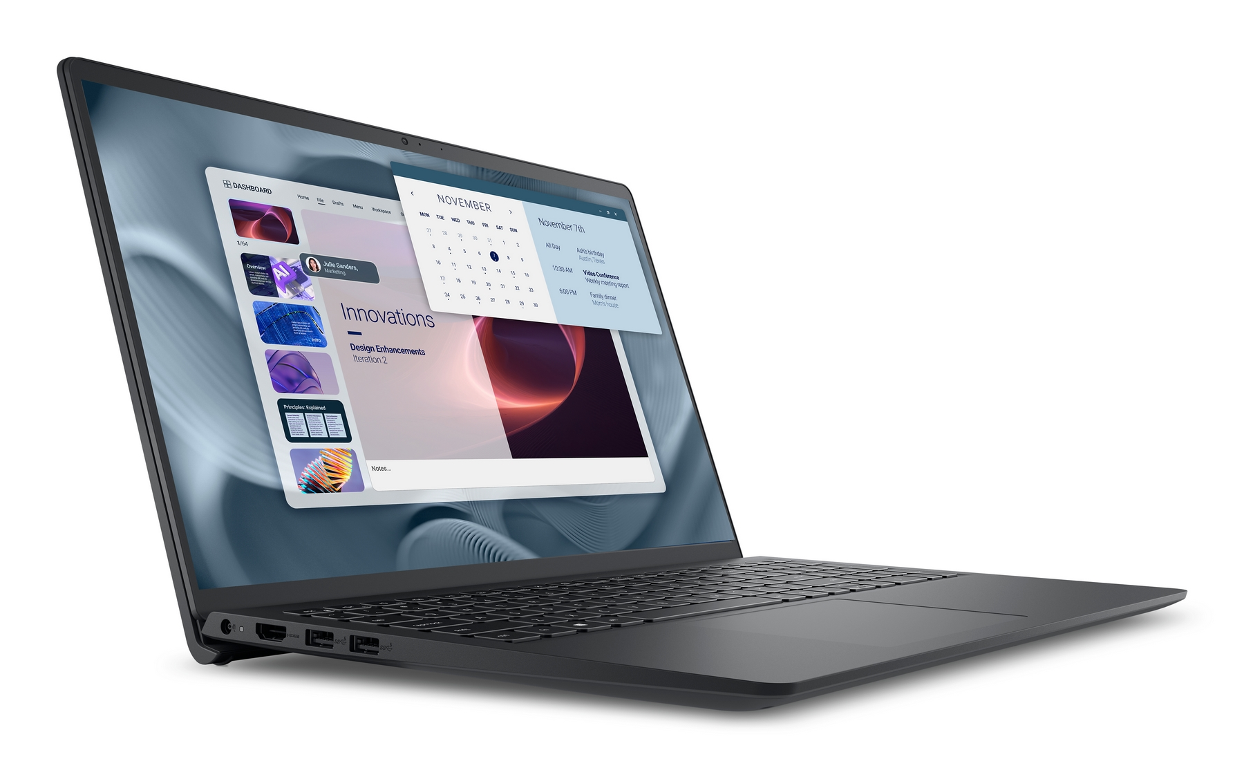 Un laptop mostra un calendario e una dashboard. Lo schermo mostra un calendario di novembre e un elenco di eventi.