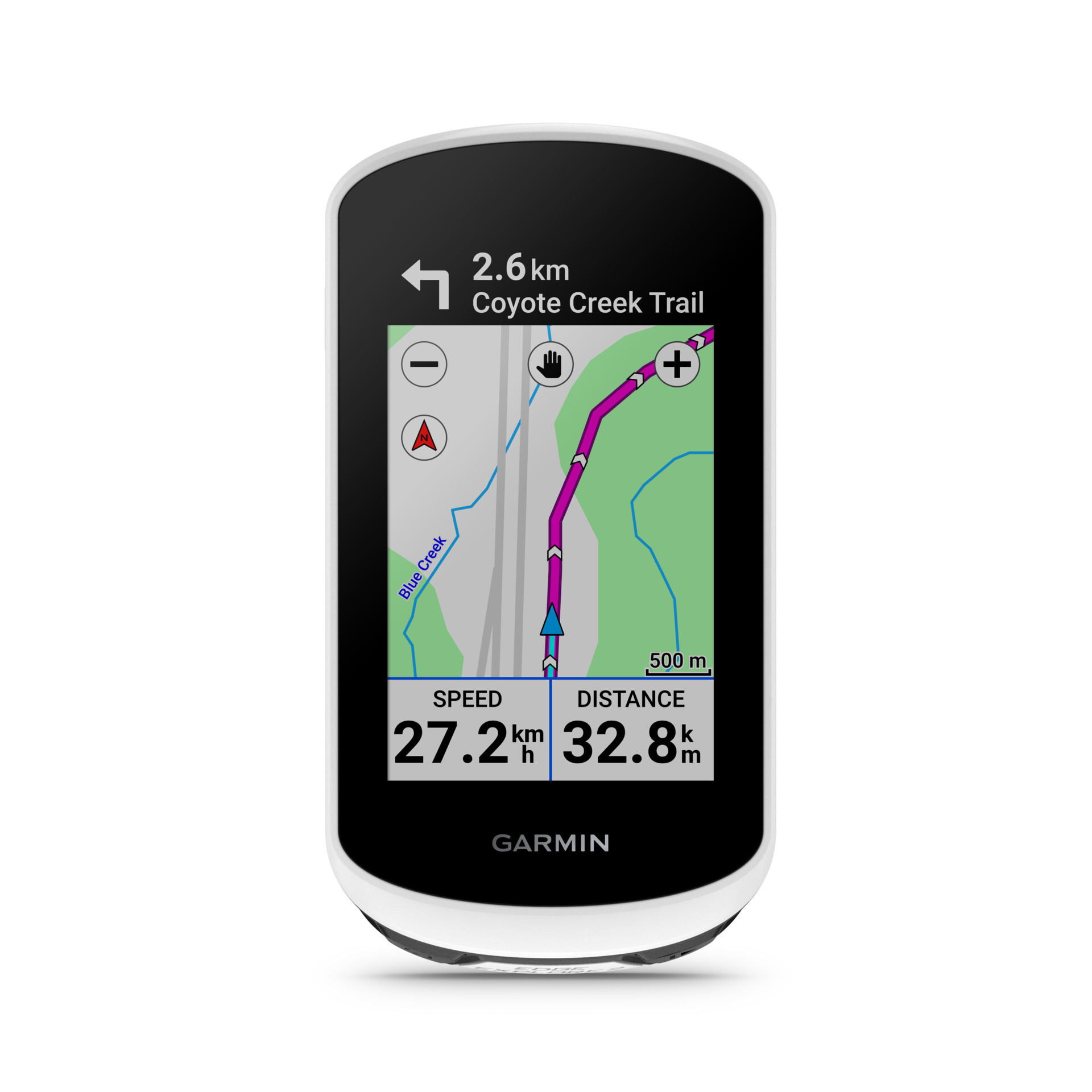 Garmin-Gerät zeigt eine Karte des Coyote Creek Trail mit Geschwindigkeits- und Entfernungsmetriken und einem Navigationspfeil.