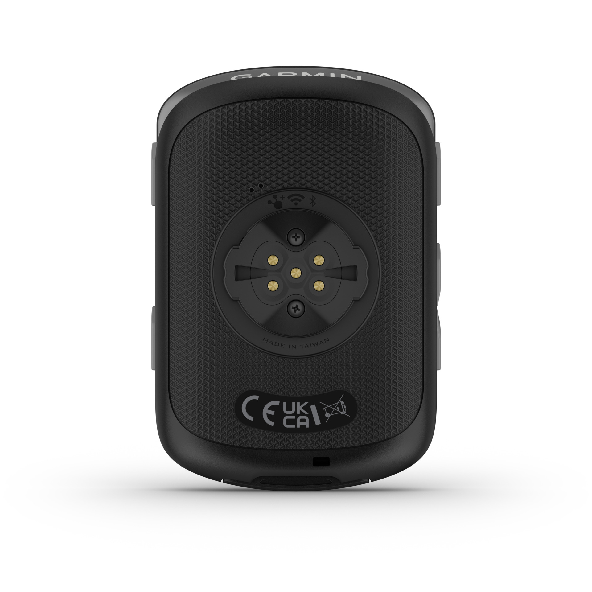 Rückansicht eines schwarzen Garmin-Geräts. Merkmale Herzfrequenzsensor und Konnektivitätssymbole. Mit 'Made in Taiwan' gekennzeichnet.