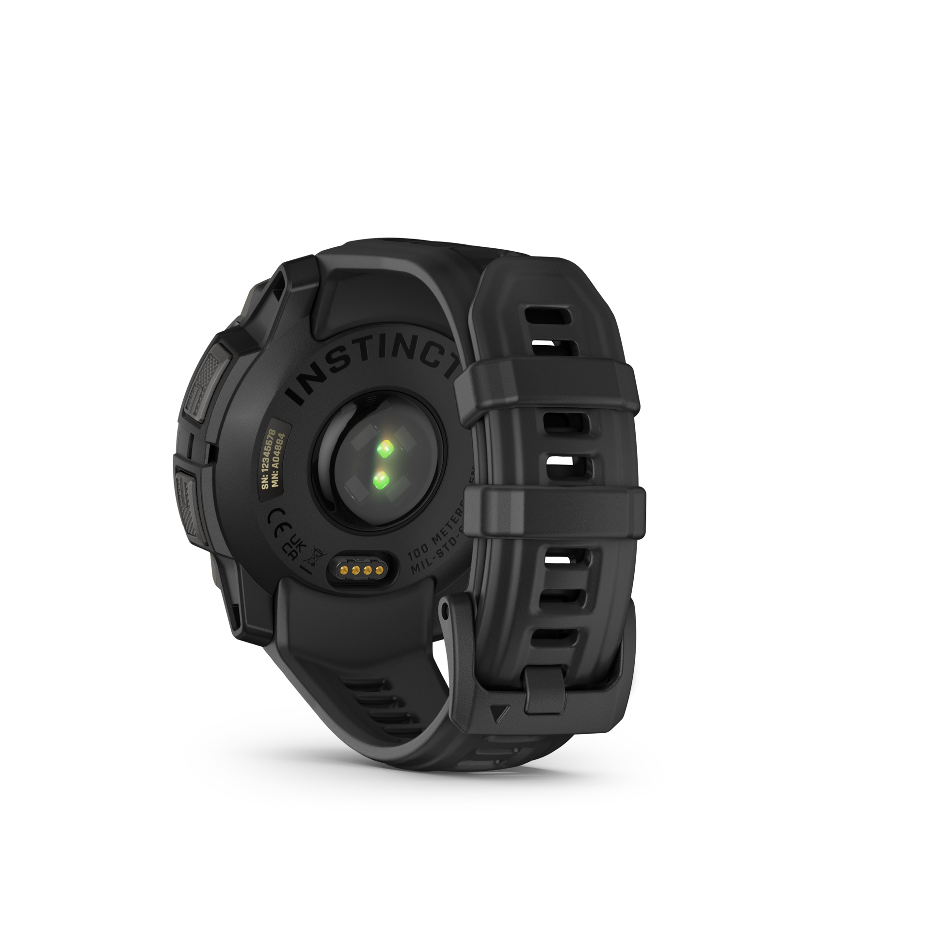Schwarze Garmin Instinct Smartwatch. Rückansicht zeigt Herzfrequenzsensor, Armband und Modelldetails. Weißer Hintergrund.