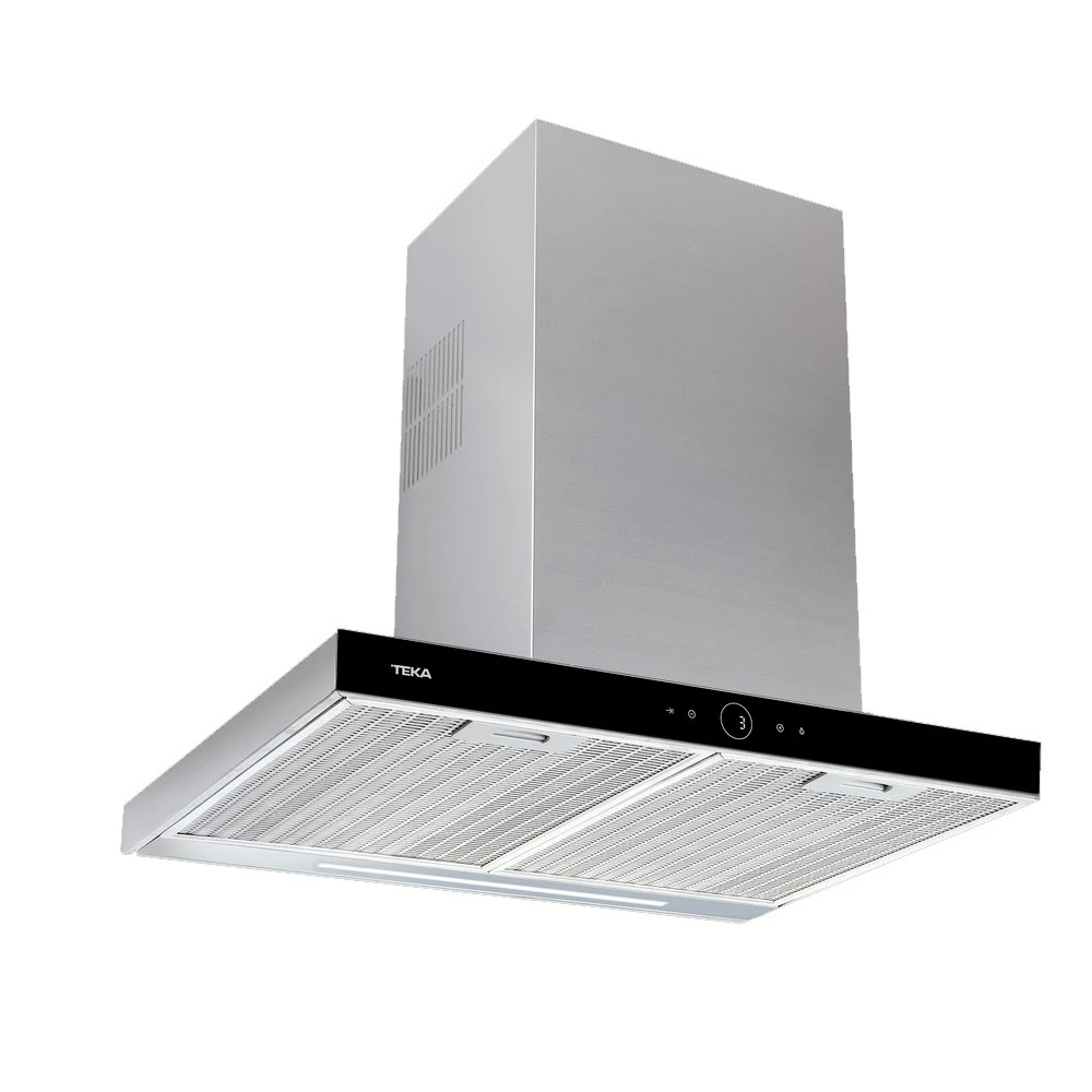Cappa da cucina in acciaio inox con pannello comandi nero e marchio 'TEKA'. Ha forma rettangolare e sfondo chiaro.