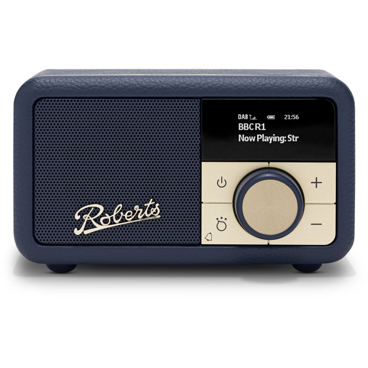 Ein marineblaues Roberts-Radio mit Lautsprecher, Display und Bedienelementen. Es zeigt BBC R1 an.