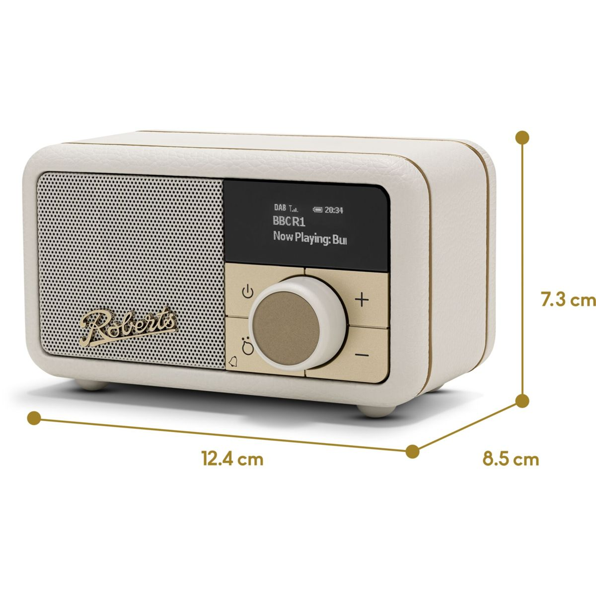 Cremefarbenes Retro-Radio mit Lautsprecher, Display und Knöpfen. Maße: 12,4 cm, 7,3 cm und 8,5 cm.