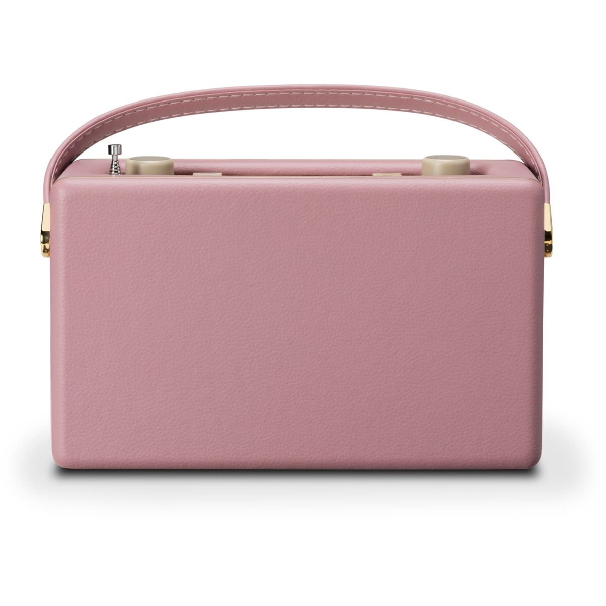 Różowe radio retro z uchwytem. Radio jest prostokątne z uchwytem u góry. Ma złote akcenty i pokrętła.