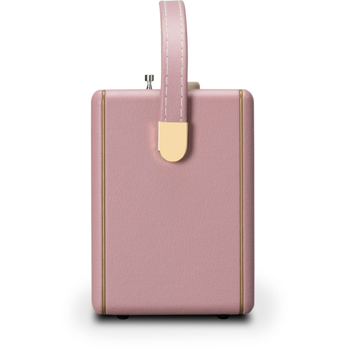 Różowy głośnik ze skóry z uchwytem. Złote akcenty obramowują krawędzie i mocowanie uchwytu. Białe szwy na uchwycie.