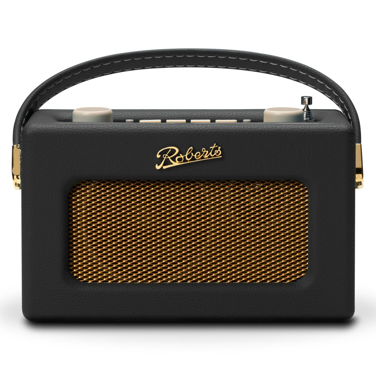 Czarno-złote radio Roberts z uchwytem. Złote akcenty i logo Roberts. Beżowe pokrętła na górze.