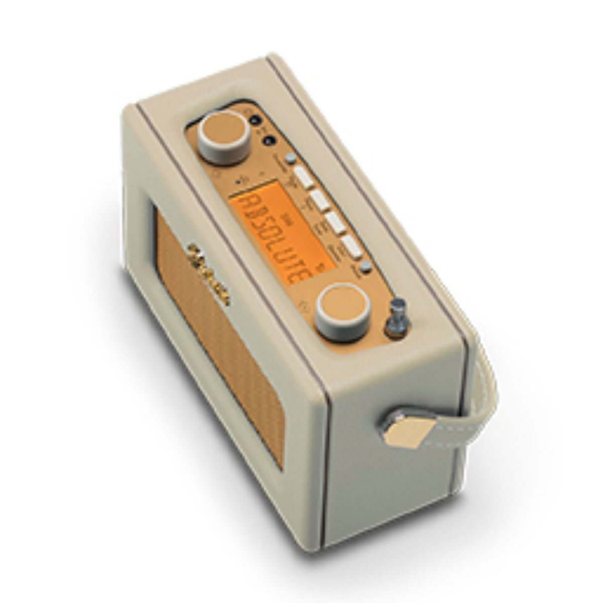 Kremowe radio ze złotymi akcentami. Posiada wyświetlacz z napisem 'ABSOLUTE'. Ma pokrętła i uchwyt.