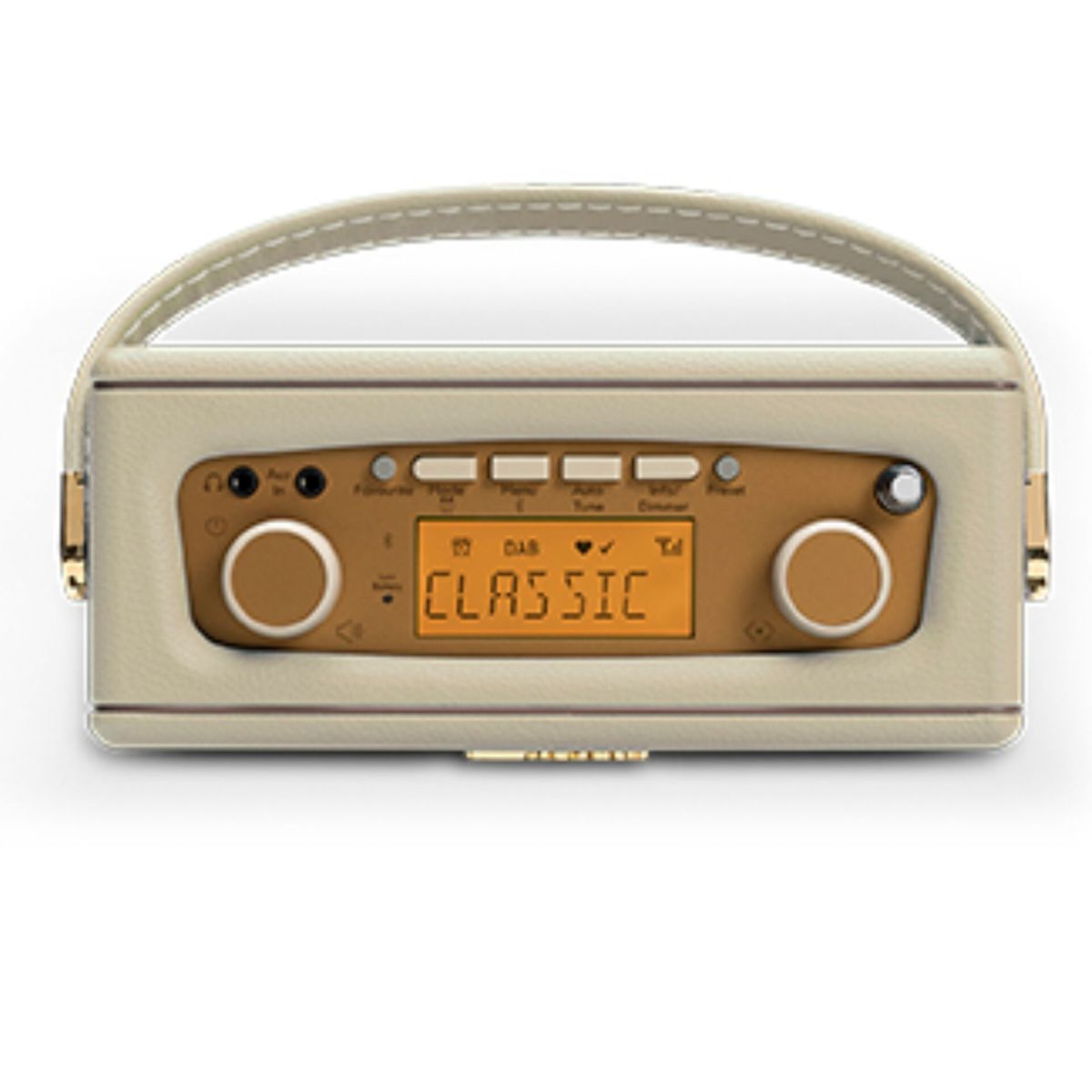 Kremowe radio z brązowym wyświetlaczem z napisem 'CLASSIC'. Ma uchwyt, dwa pokrętła i kilka przycisków.