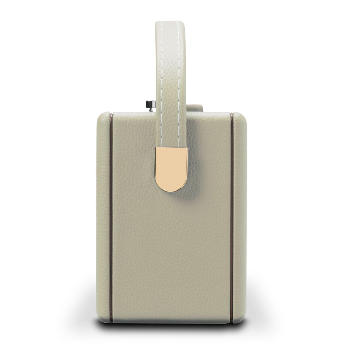 Kremowa prostokątna torebka z uchwytem. Ma złote akcenty i białą rączkę z widocznymi przeszyciami. Tło jest białe.