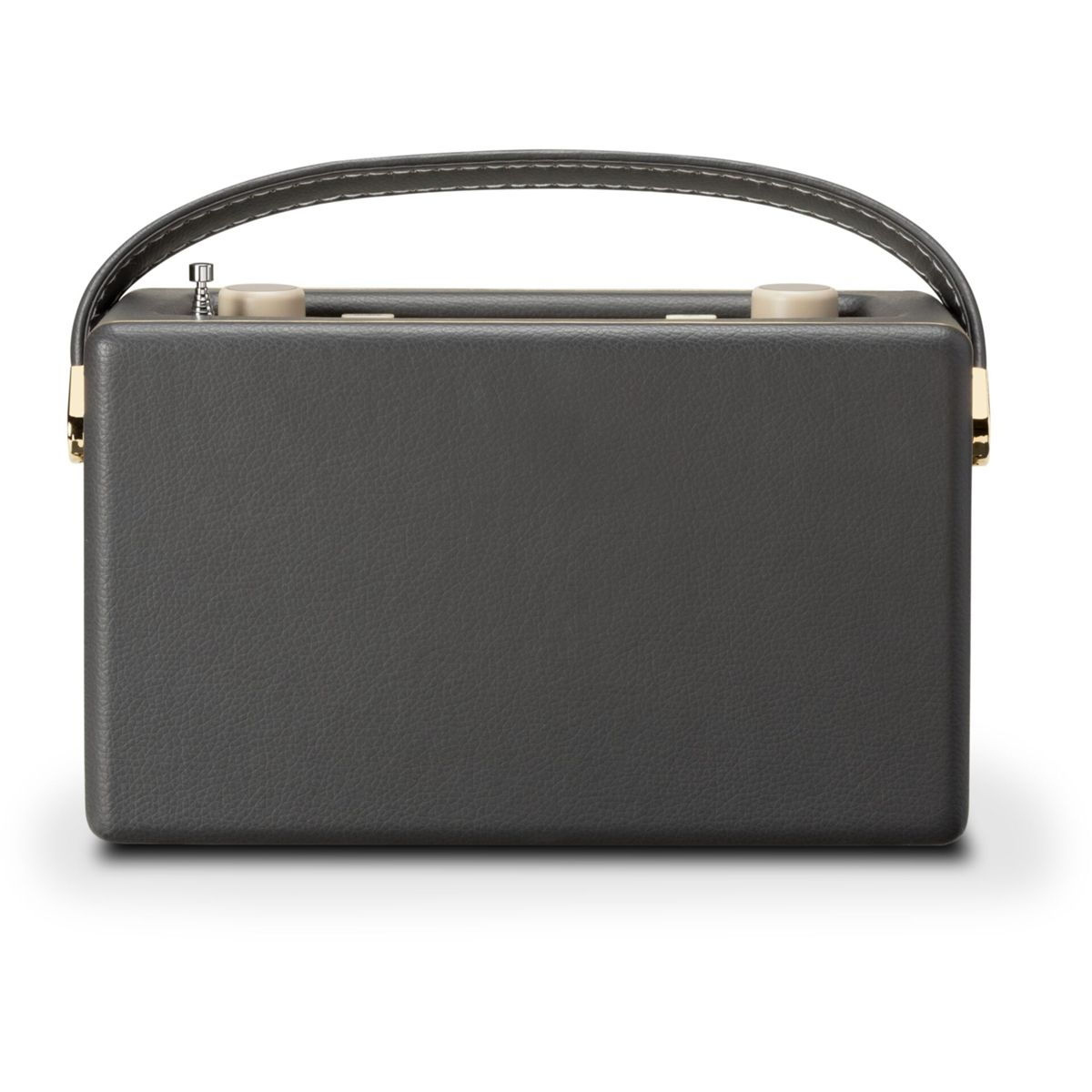 Szare radio retro z uchwytem. Ma dwa pokrętła na górze i złote akcenty. Uchwyt jest szyty.