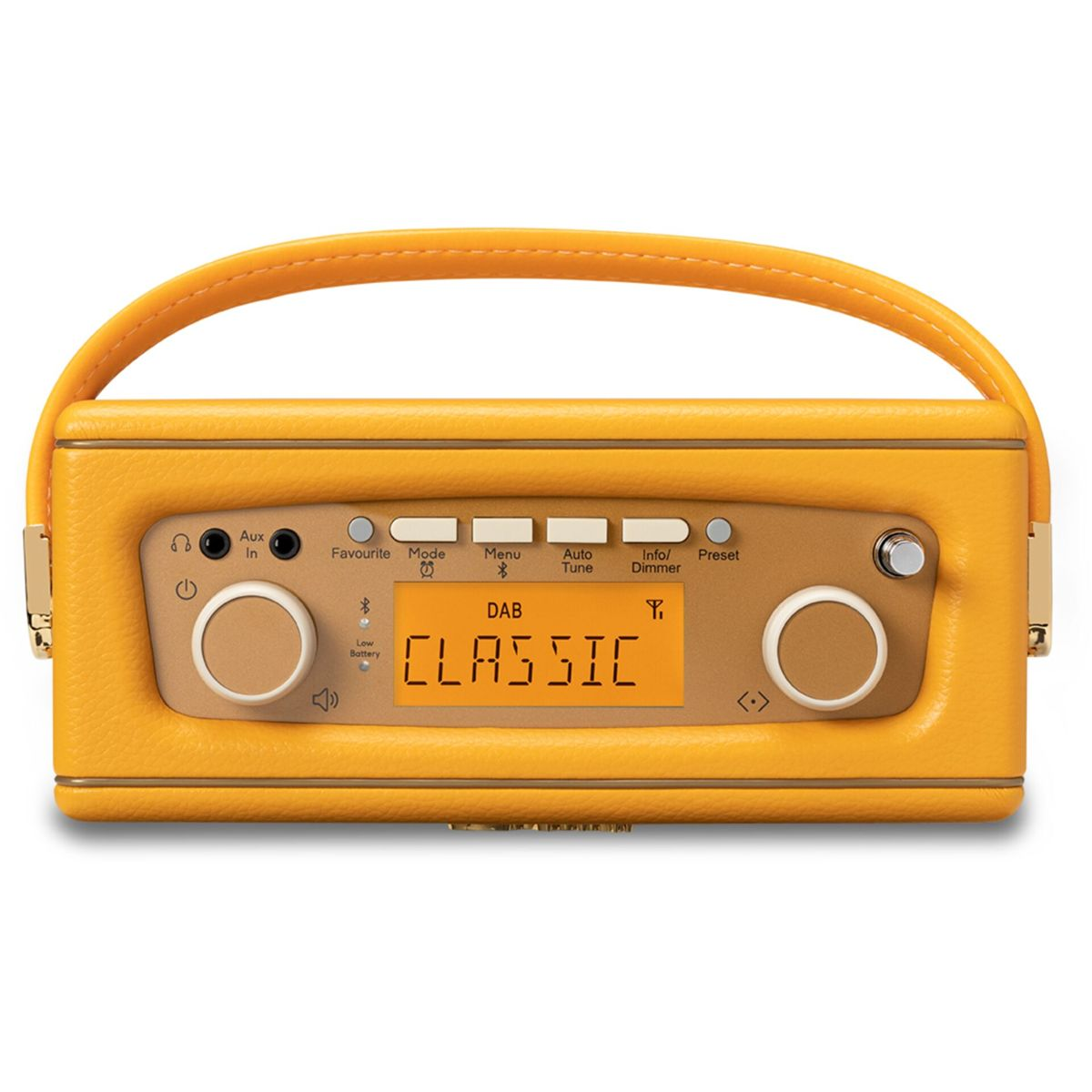 Ein gelbes DAB-Radio mit Griff. Es hat Tasten mit der Aufschrift 'Aux In', 'Favourite', 'Mode', 'Menu', 'Auto Tune', 'Info/Dimmer', 'Preset' und ein Display.