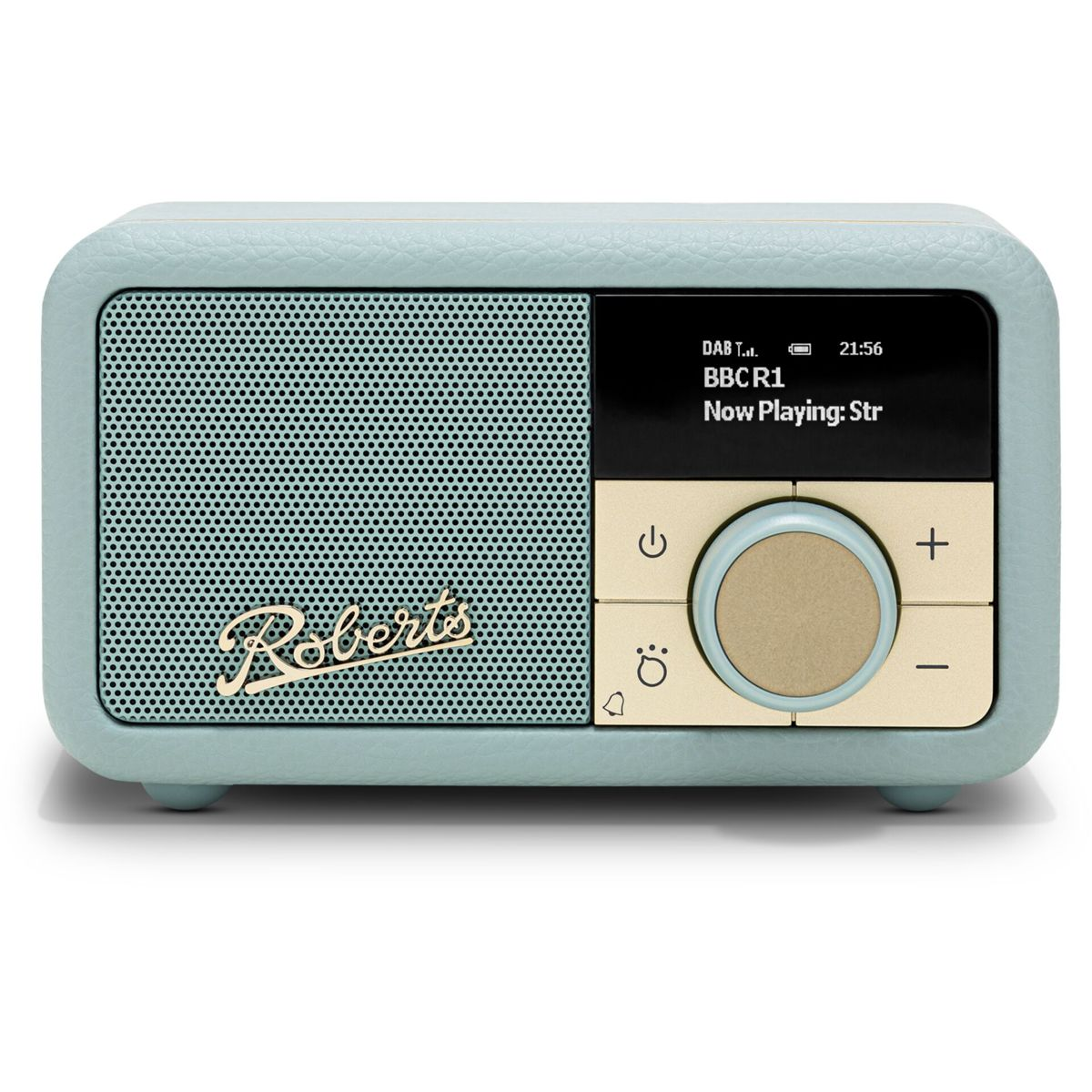 Ein mintgrünes Roberts-Radio mit Lautsprechergrill, Display und Bedienelementen. Das Display zeigt 'BBC R1 Now Playing: Str'.