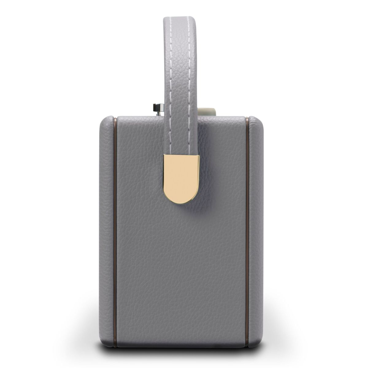 Eine graue Lederbox mit Griff. Der Griff ist hellgrau mit weißen Nähten. Ein goldener Verschluss sichert den Griff.