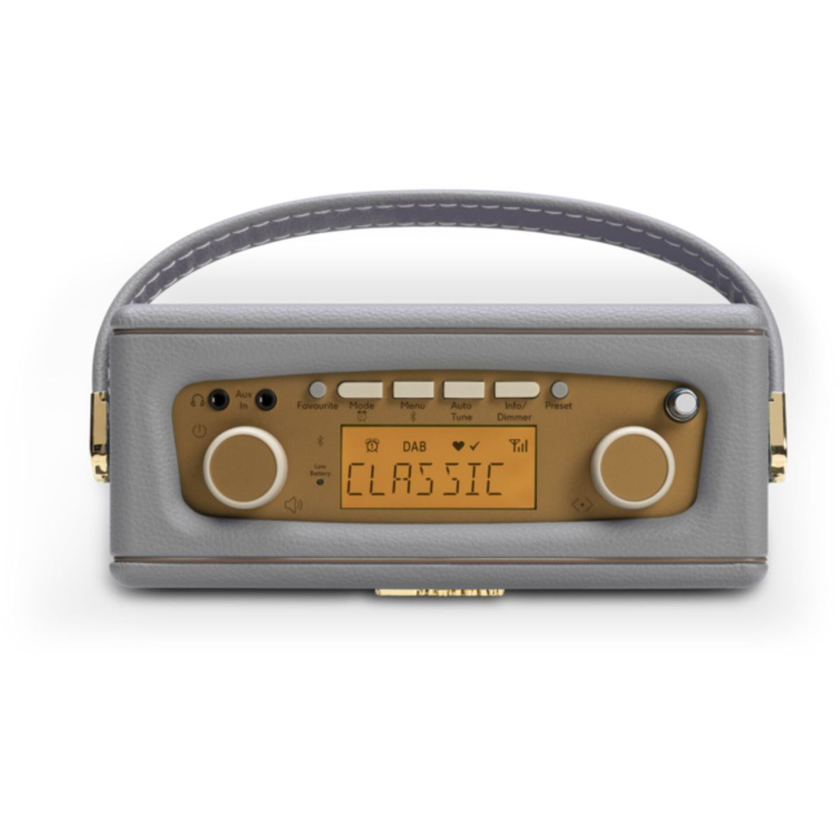 Ein graues und goldenes Radio mit Griff. Es hat Knöpfe und ein Display mit der Aufschrift 'CLASSIC'. Das Radio steht auf weißem Hintergrund.