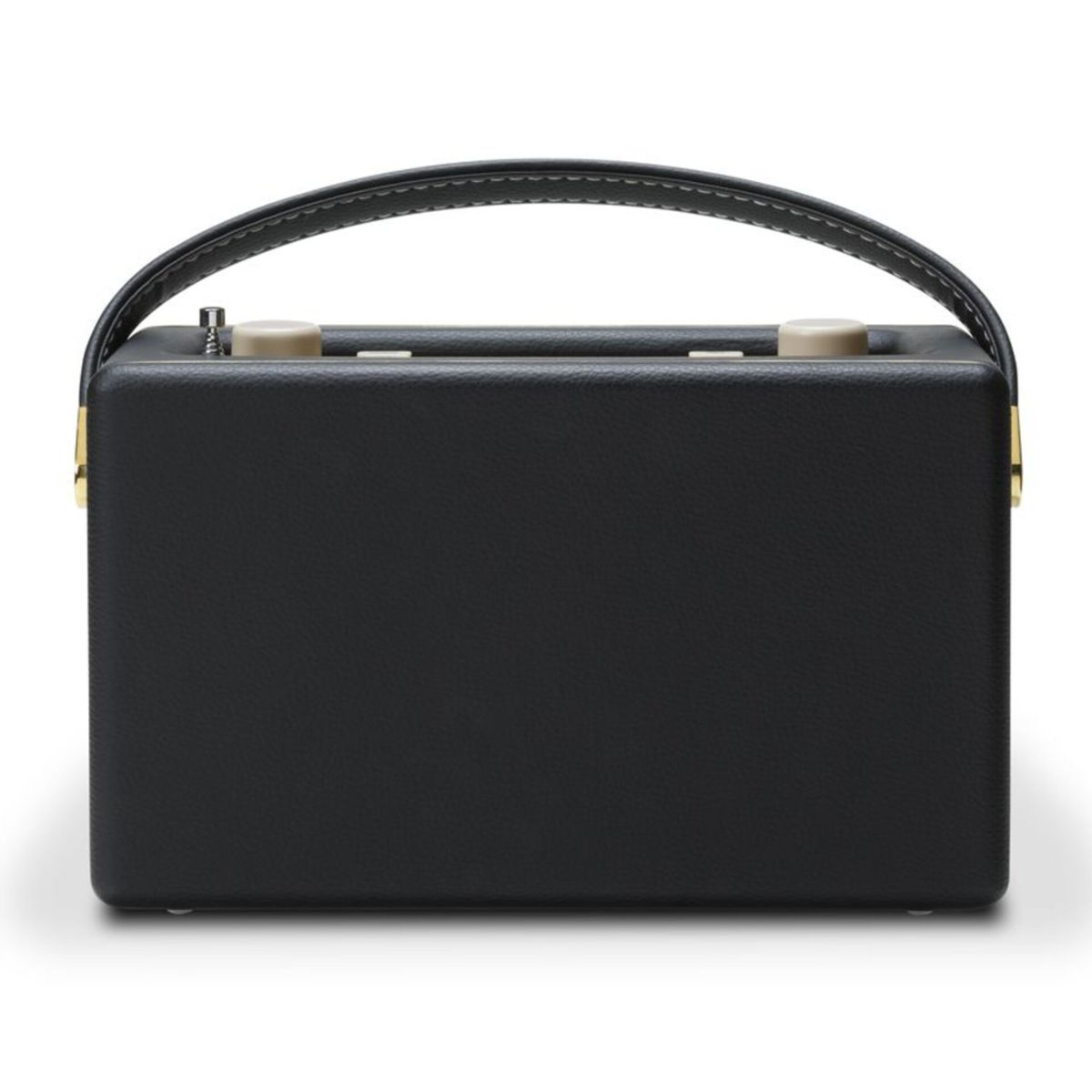 Czarne radio w stylu retro z uchwytem. Ma dwa beżowe pokrętła na górze. Tło jest białe.