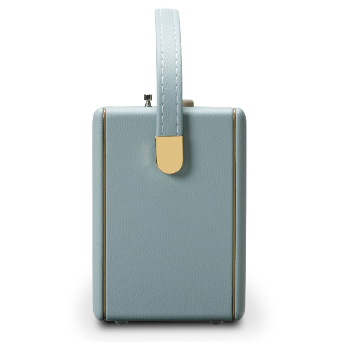 Jasnoniebieskie radio w stylu retro z uchwytem i złotymi akcentami. Stoi pionowo na białym tle.