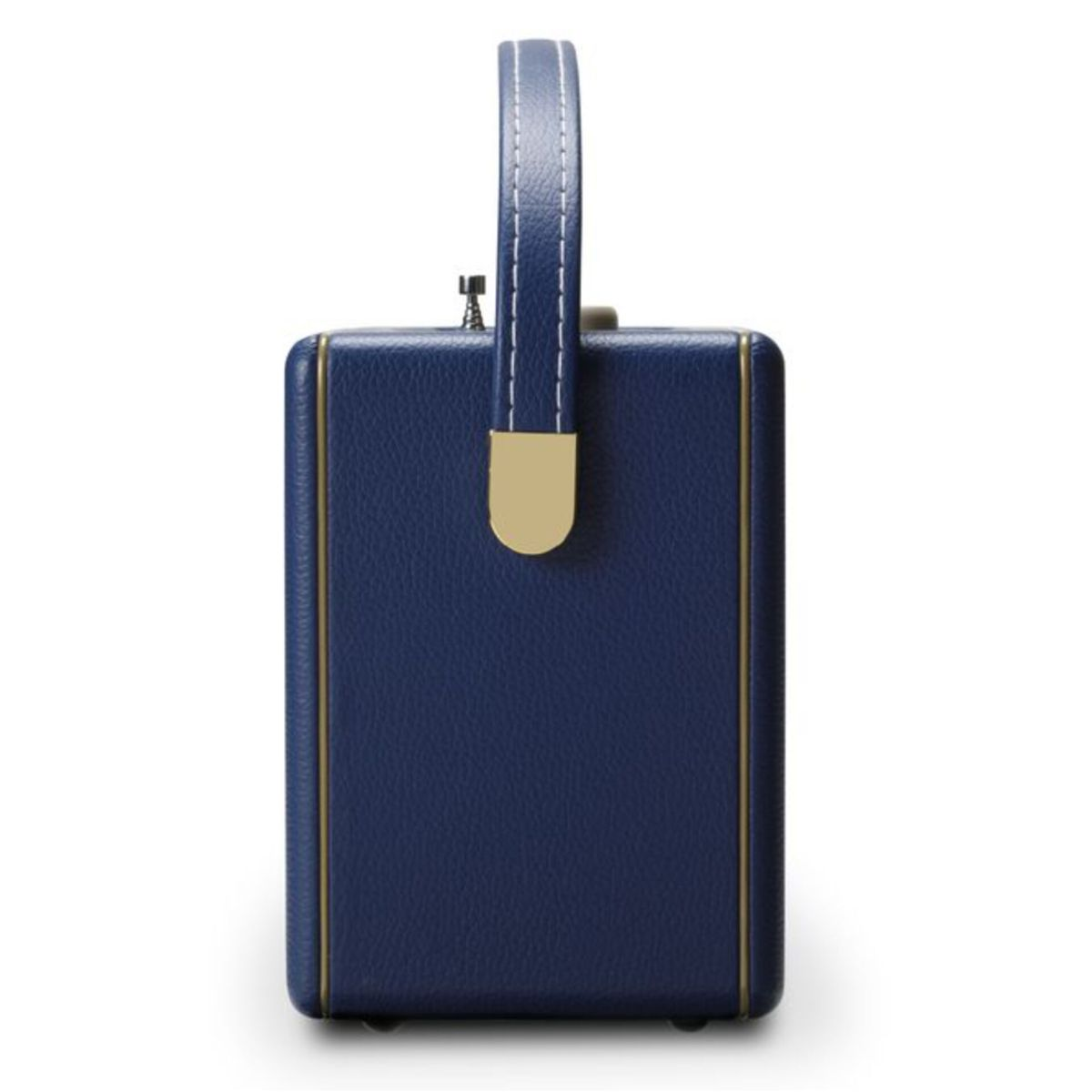 Granatowy głośnik przenośny z uchwytem. Uchwyt jest ze skóry z białymi przeszyciami. Złote wykończenia i akcenty.