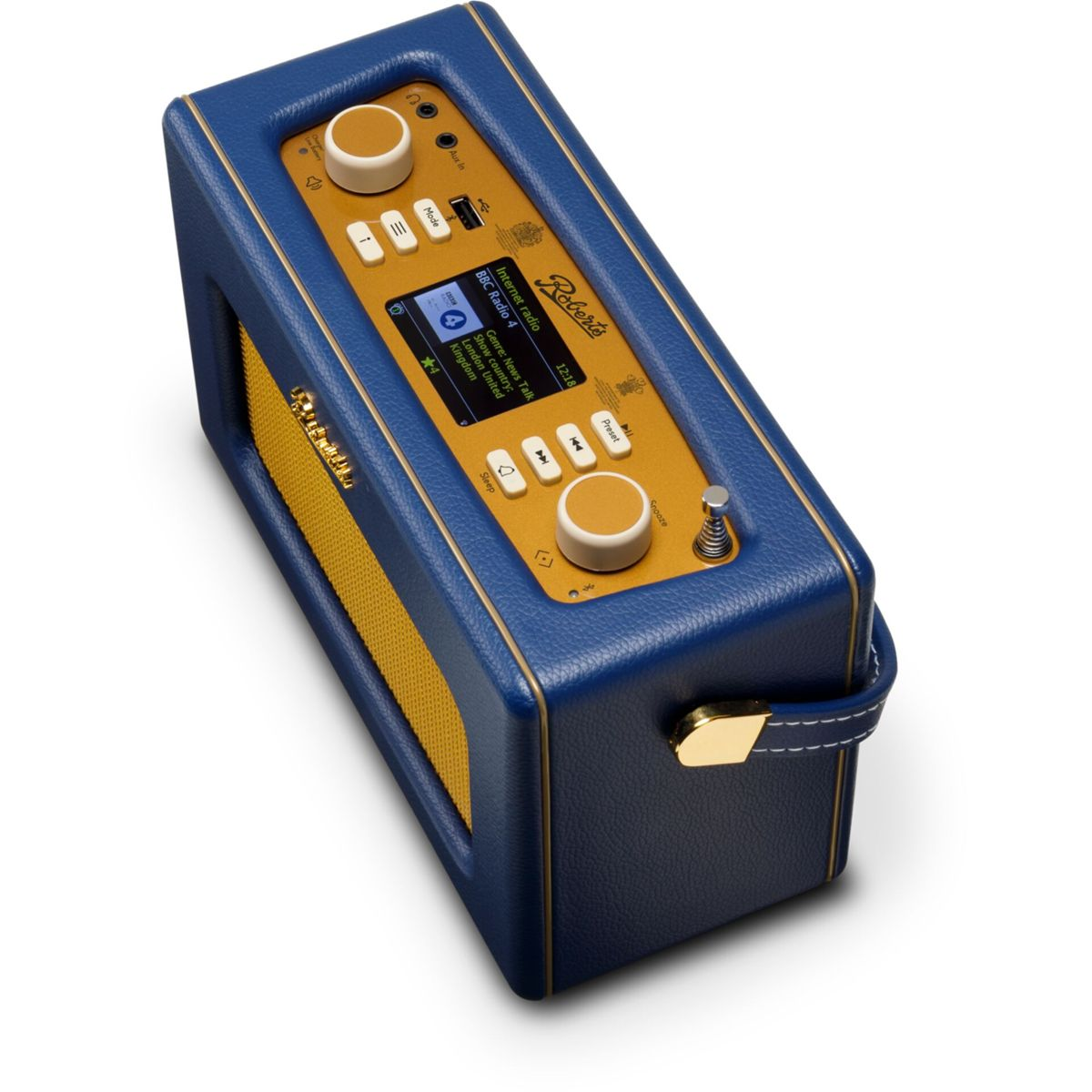 Niebiesko-złote radio Roberts na białej powierzchni. Posiada przyciski i ekran wyświetlający informacje radiowe.