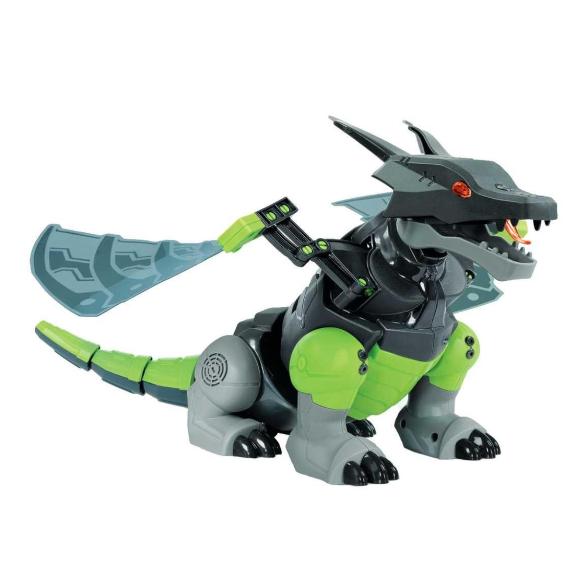 Un dragón robot de juguete en negro, gris y verde. Tiene alas, una cola larga y posa sobre un fondo blanco.