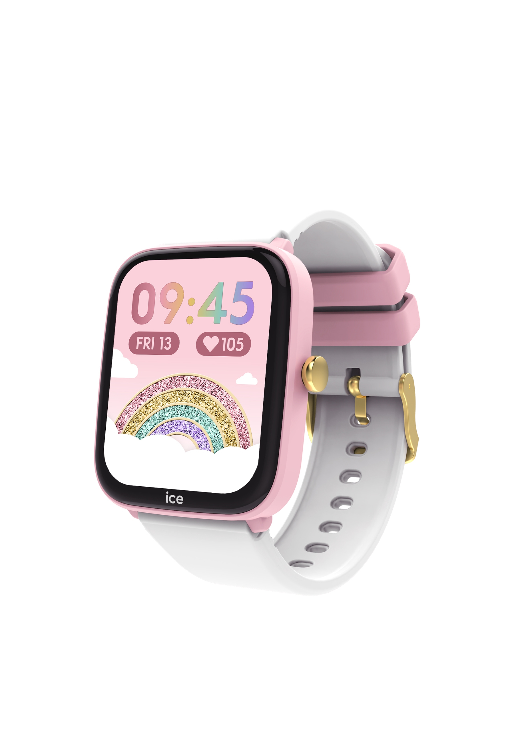 Rosa Smartwatch mit Regenbogen-Display. Weißes Armband mit rosa Akzenten. Die Uhrzeit ist 09:45.