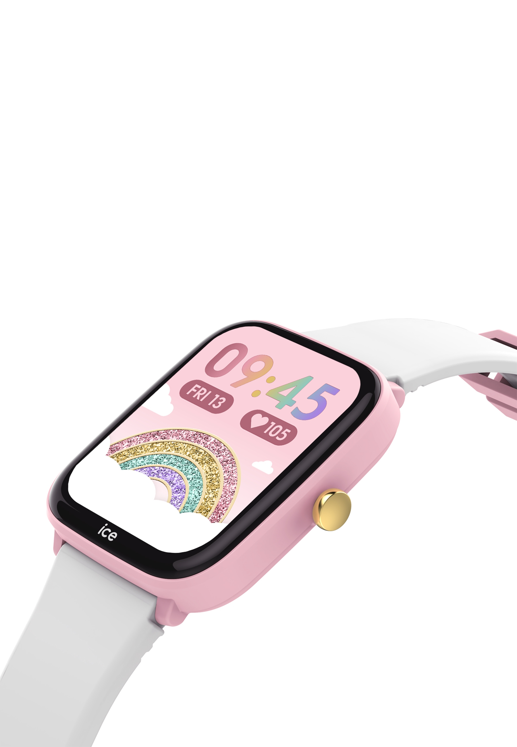 Rosa Smartwatch mit weißem Armband. Der Bildschirm zeigt einen Regenbogen und die Uhrzeit 09:45. Goldene Taste.