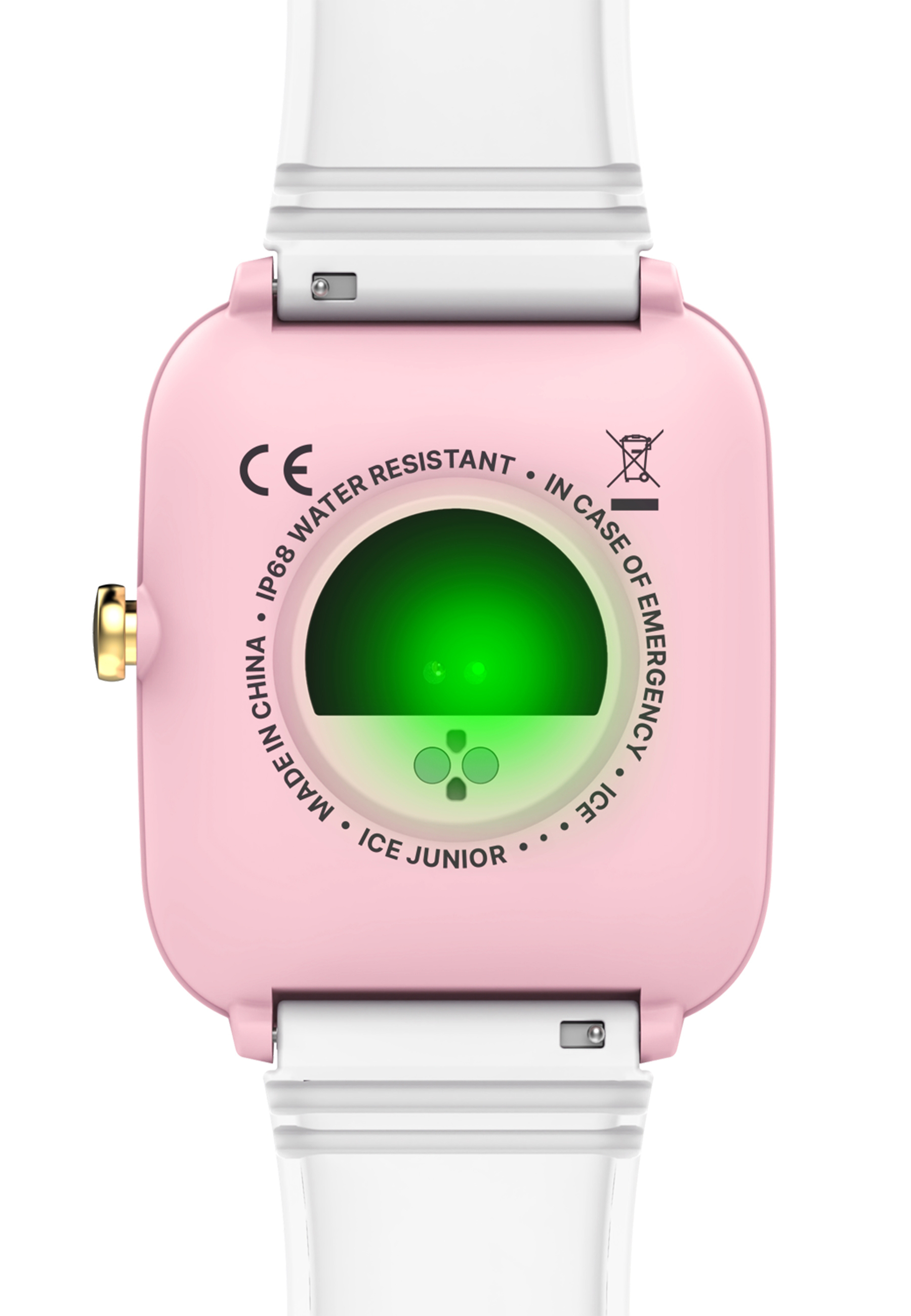 Rückseite der rosa Uhr mit grünem Bildschirm, weißes Armband. Text: IP68 wasserdicht, Made in China, ICE Junior und CE.