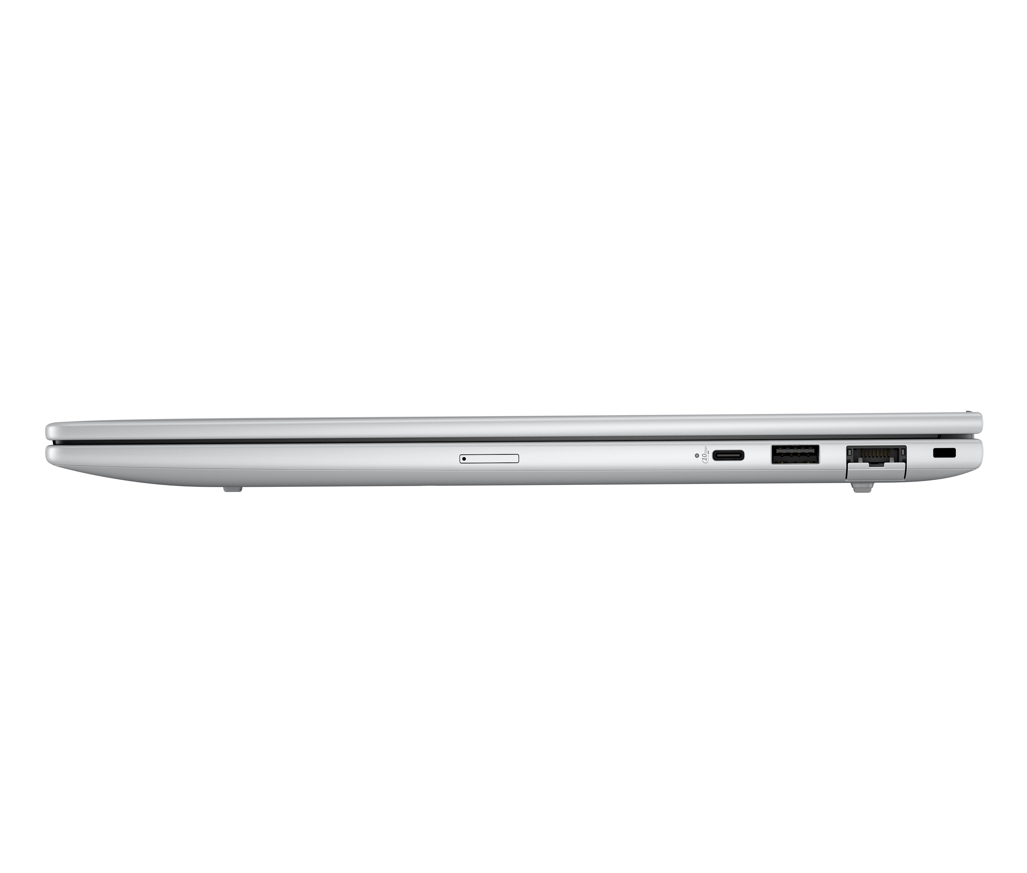 Vista laterale di un laptop argentato, che mostra porte e slot per schede su sfondo bianco.