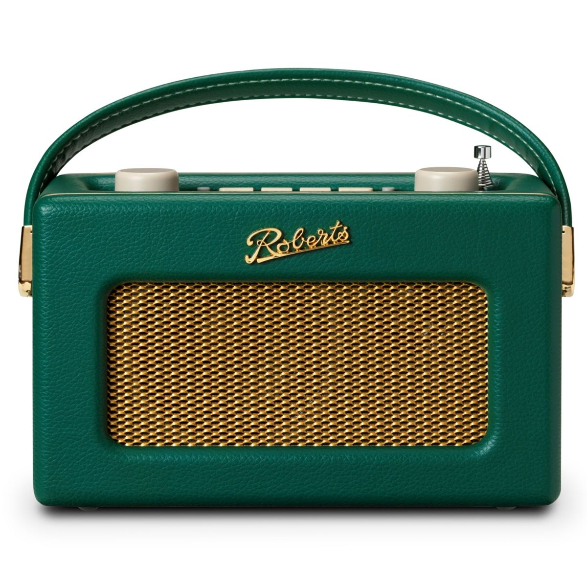 Zielone radio Roberts ze złotą kratką głośnika, uchwytem i złotymi akcentami. Radio stoi na białym tle.