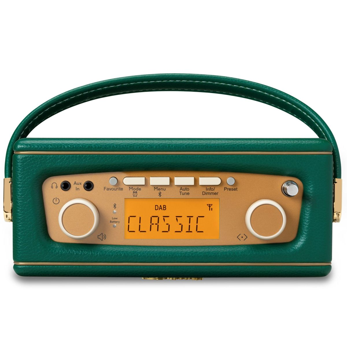Ein grünes und goldenes tragbares Radio mit Griff. Es hat Knöpfe und ein Display mit der Aufschrift 'CLASSIC'. Der Griff ist dunkelgrün.