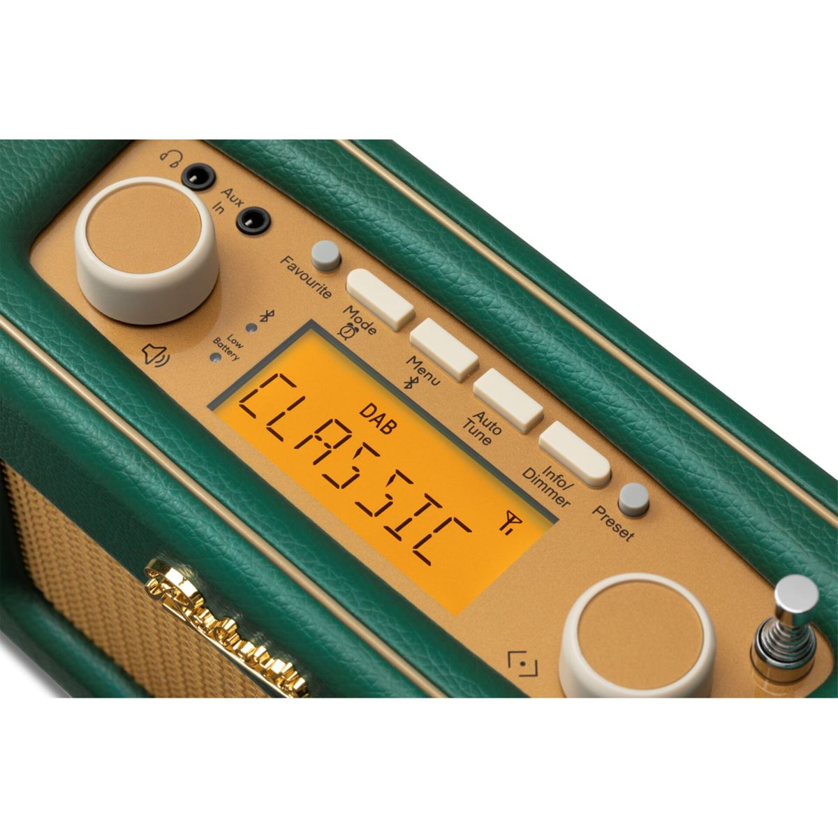 Zielone i złote radio z przyciskami, pokrętłami i wyświetlaczem z napisem „CLASSIC”. Na wyświetlaczu widać „DAB”.