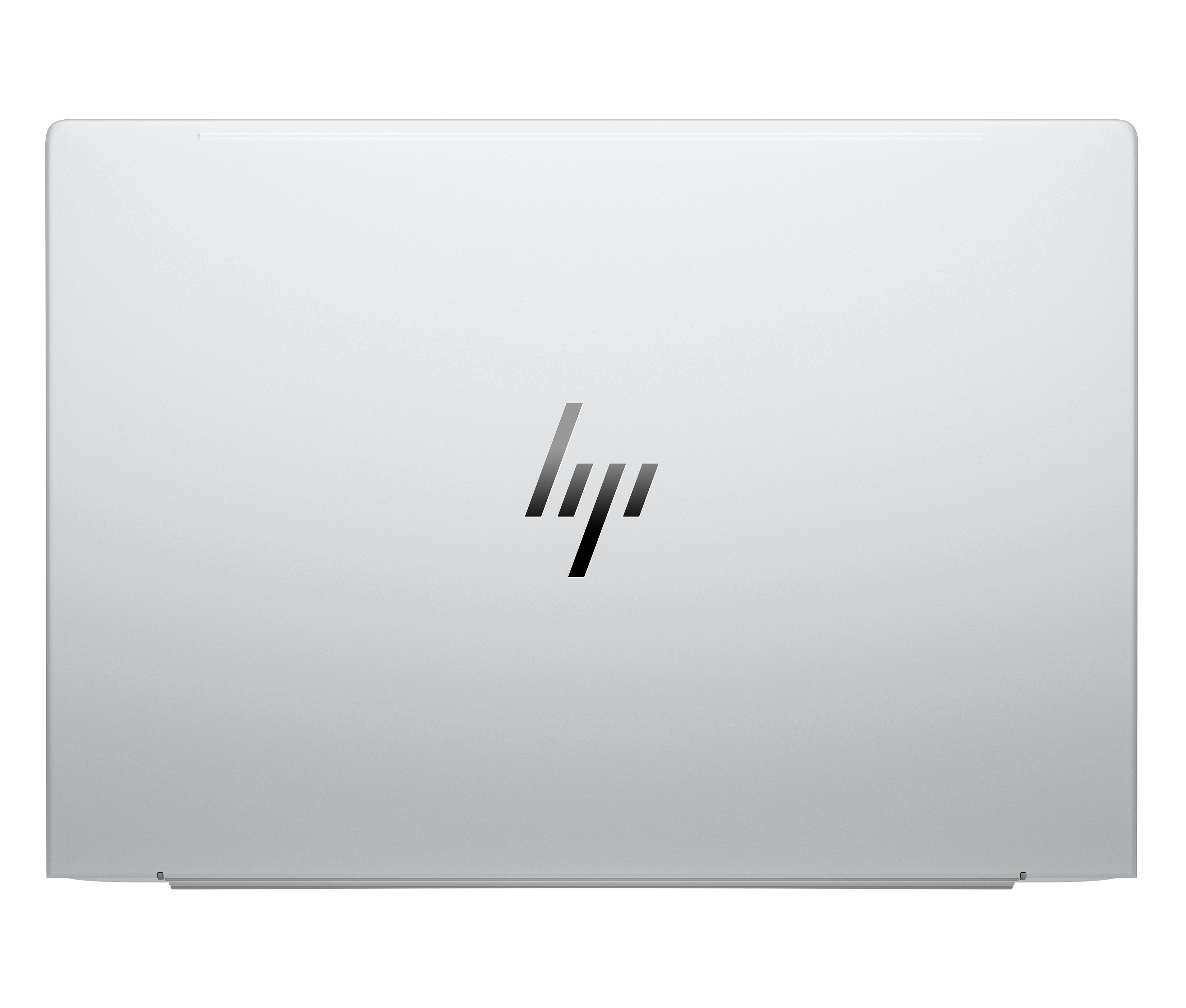 Laptop argentato chiuso con logo HP centrato. Il laptop è su sfondo bianco.