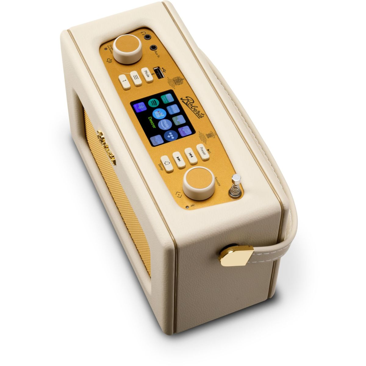 Kremowo-złote radio Roberts z ekranem wyświetlającym ikony aplikacji muzycznych i przyciskami. Posiada uchwyt i złote akcenty.