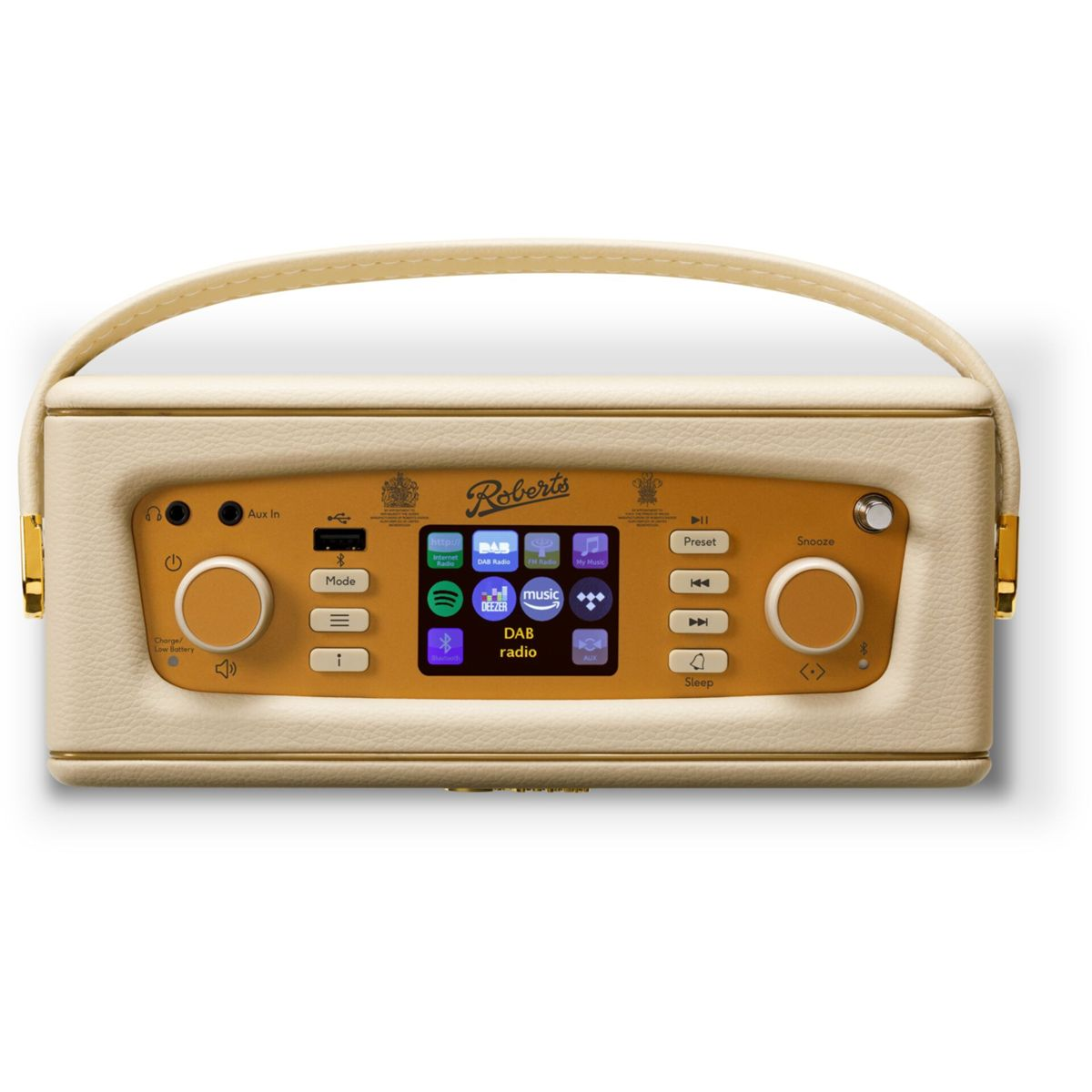 Kremowo-złote radio Roberts. Posiada wyświetlacz, przyciski i uchwyt. Wyświetla radio DAB i inne opcje muzyczne.
